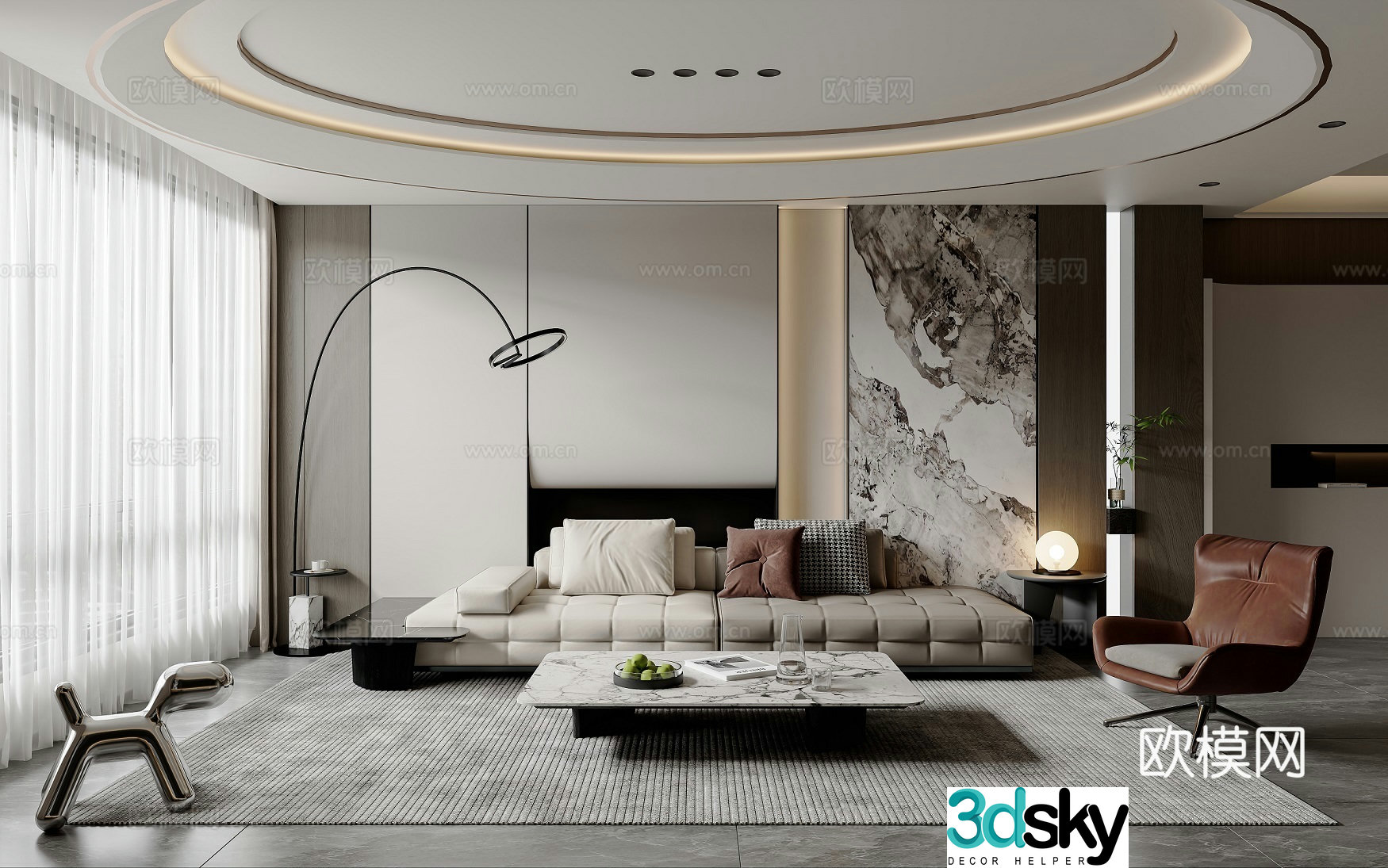 Modern light luxury living and dining room 3D model
