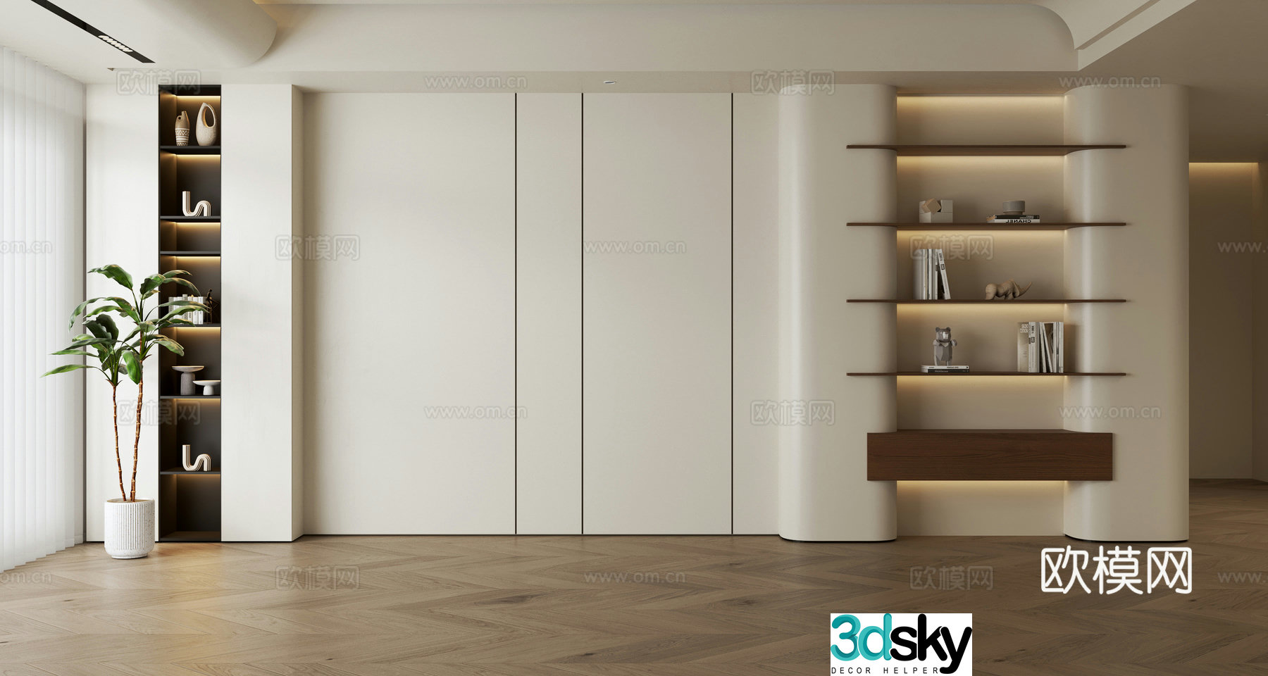 Creamy sofa background wall full wall cabinet 3d model