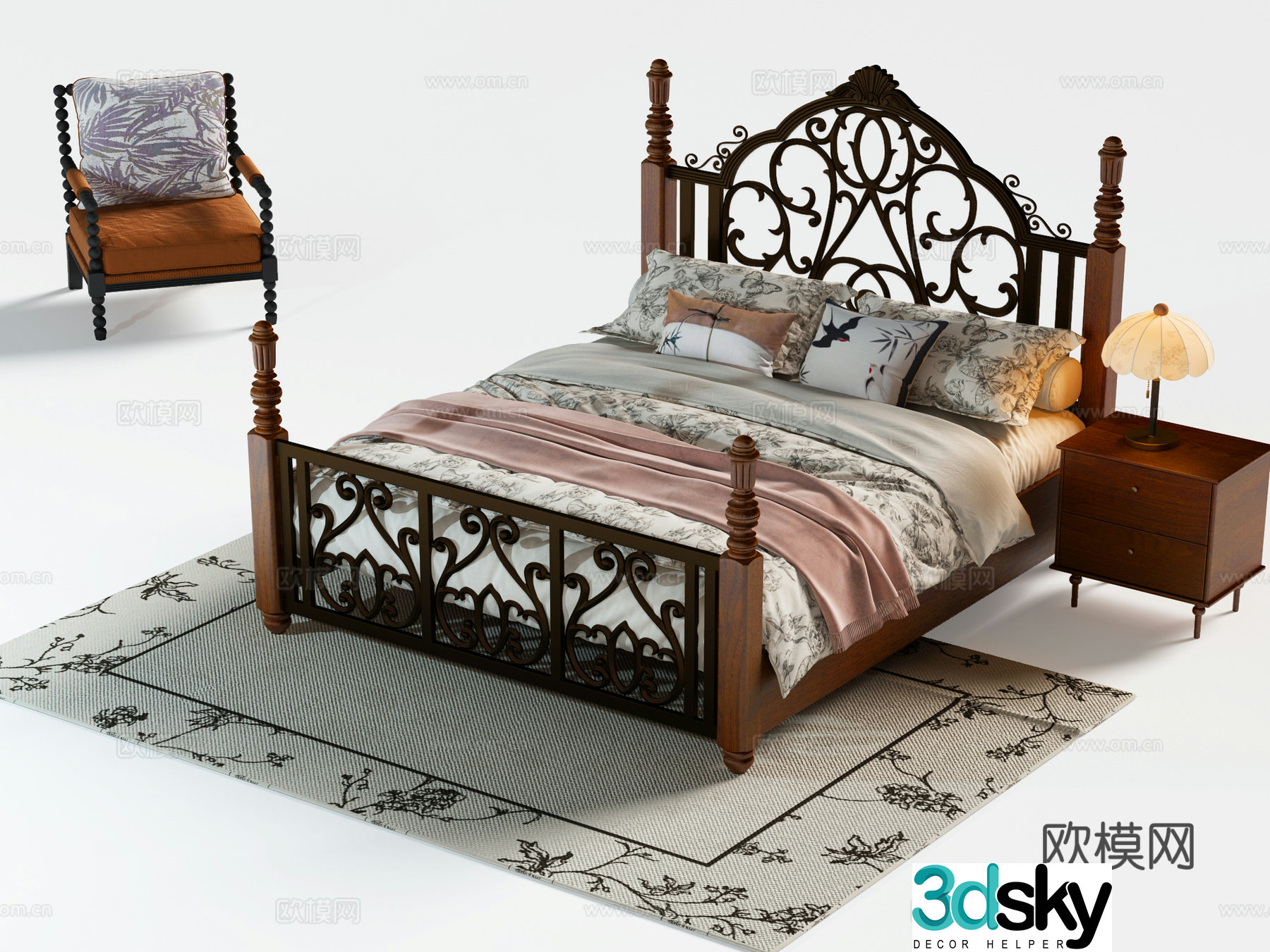 American double bed iron bed 3D model