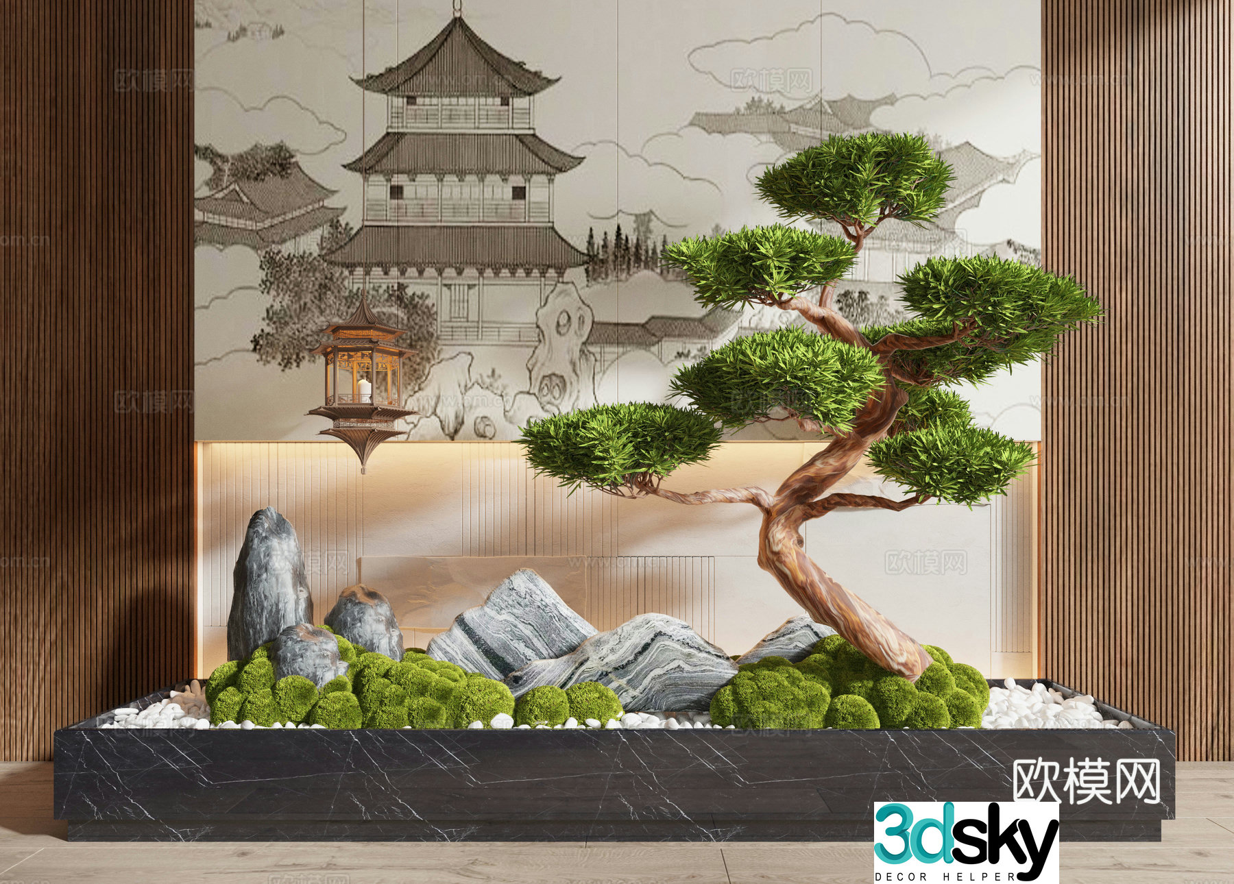 New Chinese -style indoor landscape landscaping pine plant pile 3D model