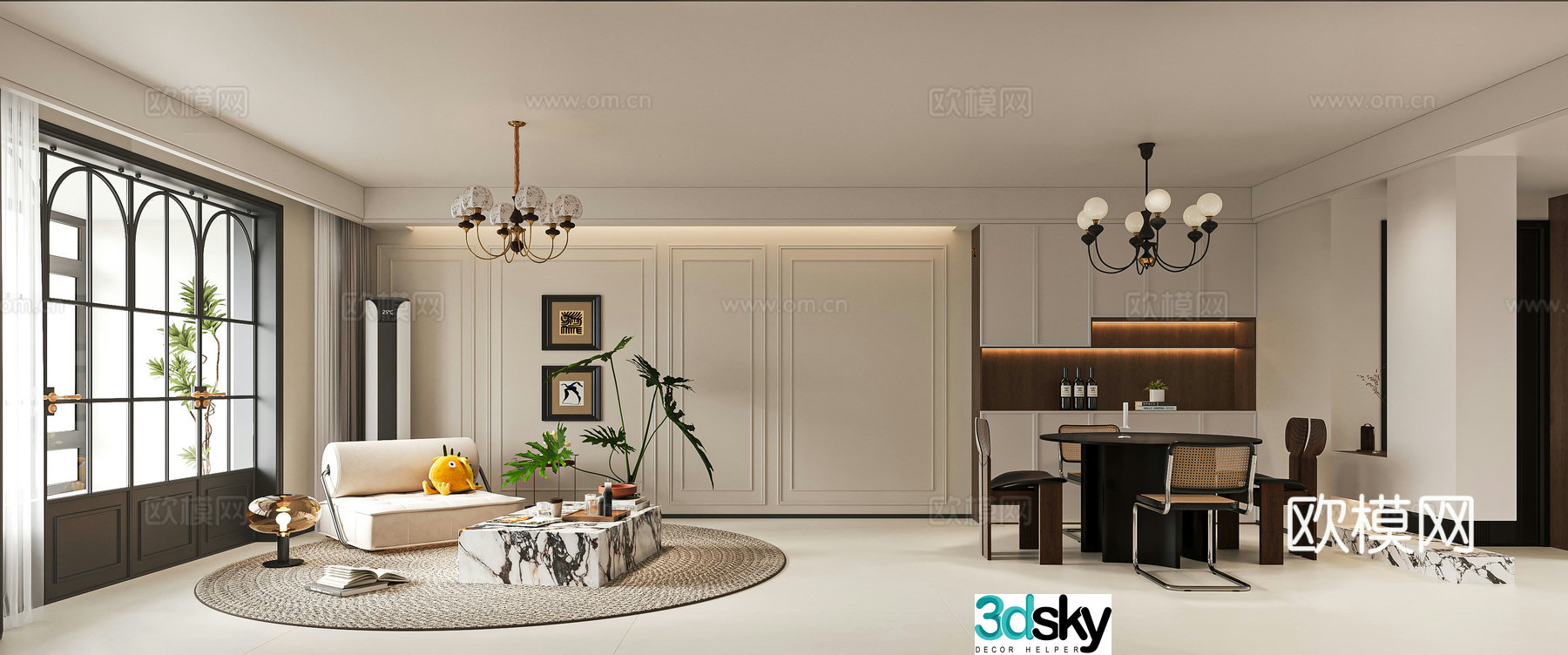 French living and dining room 3d model