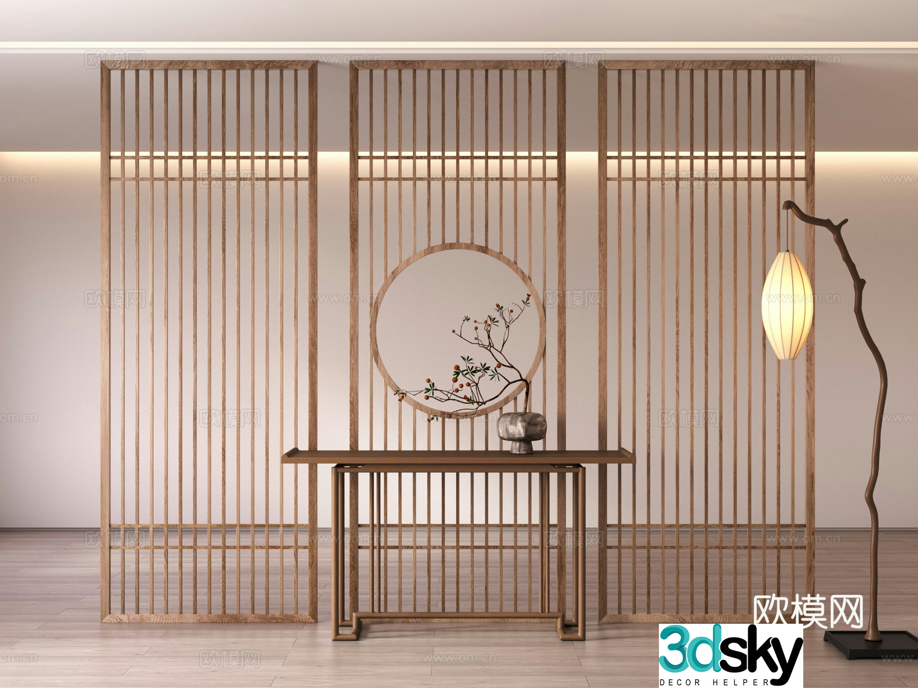 New Chinese grille partition end view strip floor lamp 3D model