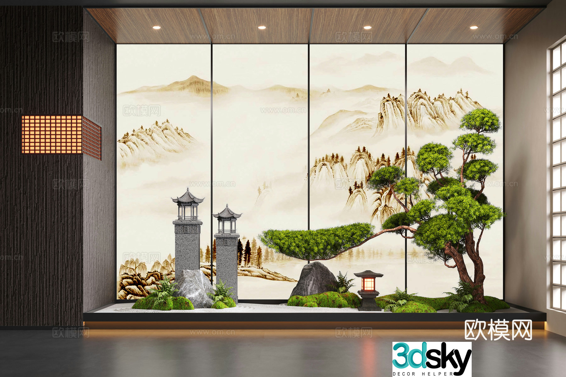 New Chinese style indoor landscaping pine tree plant pile 3D model