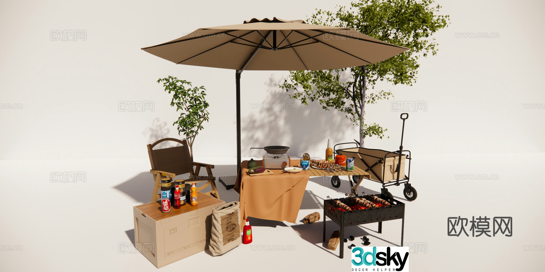 Leisure table and chairs outdoor table and chairs barbecue food parasol 3d model