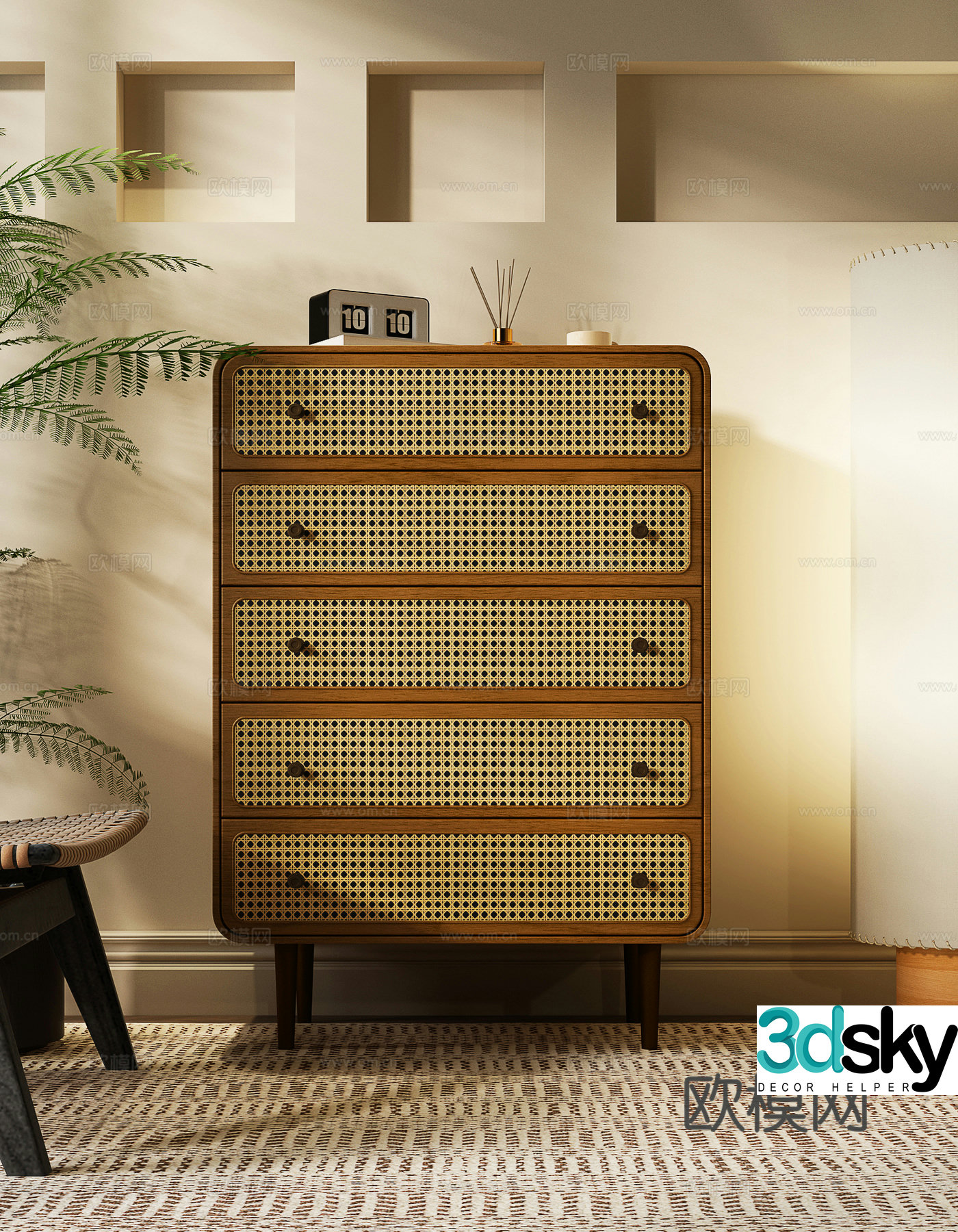 Middle-aged style chest of drawers rattan cabinet 3D model