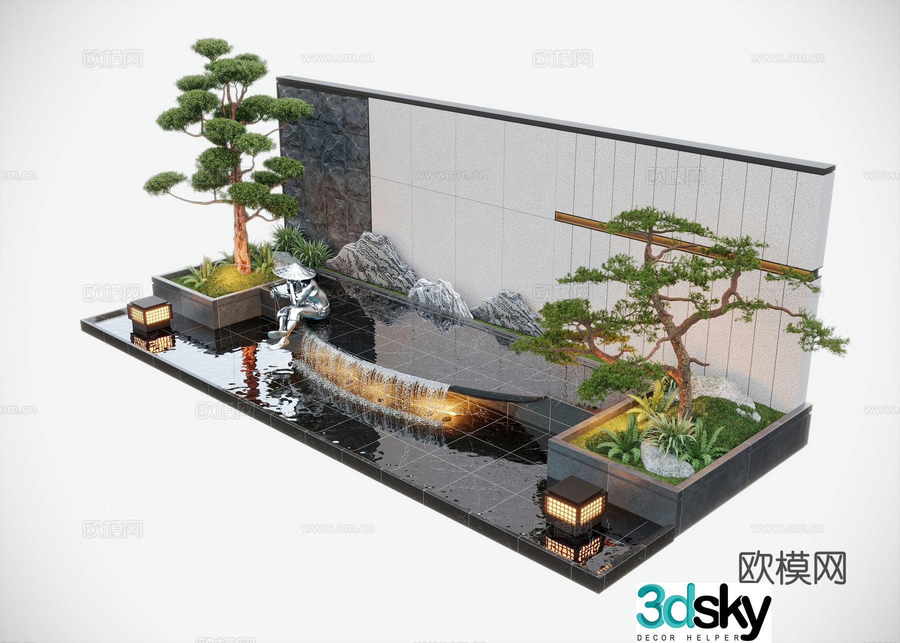 Modern courtyard water view wall Water views stacking water sketches 3D model