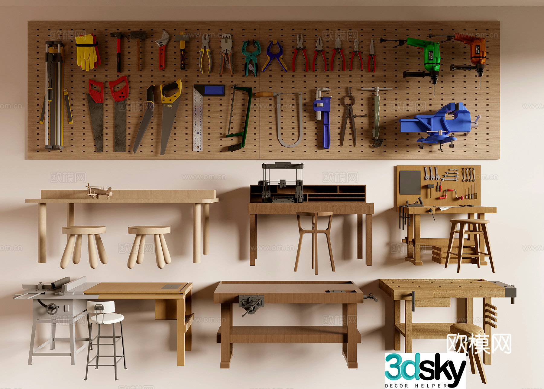 Woodworking table Workbench Hole board Hardware tool 3d model