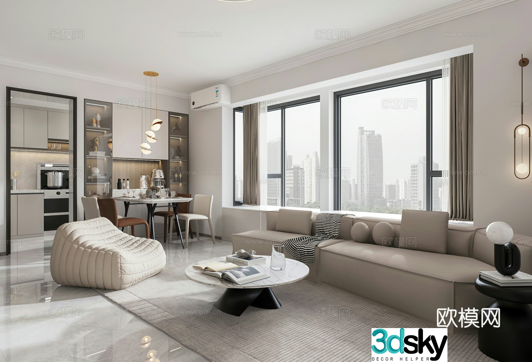 Modern living and dining room small apartment 3d model
