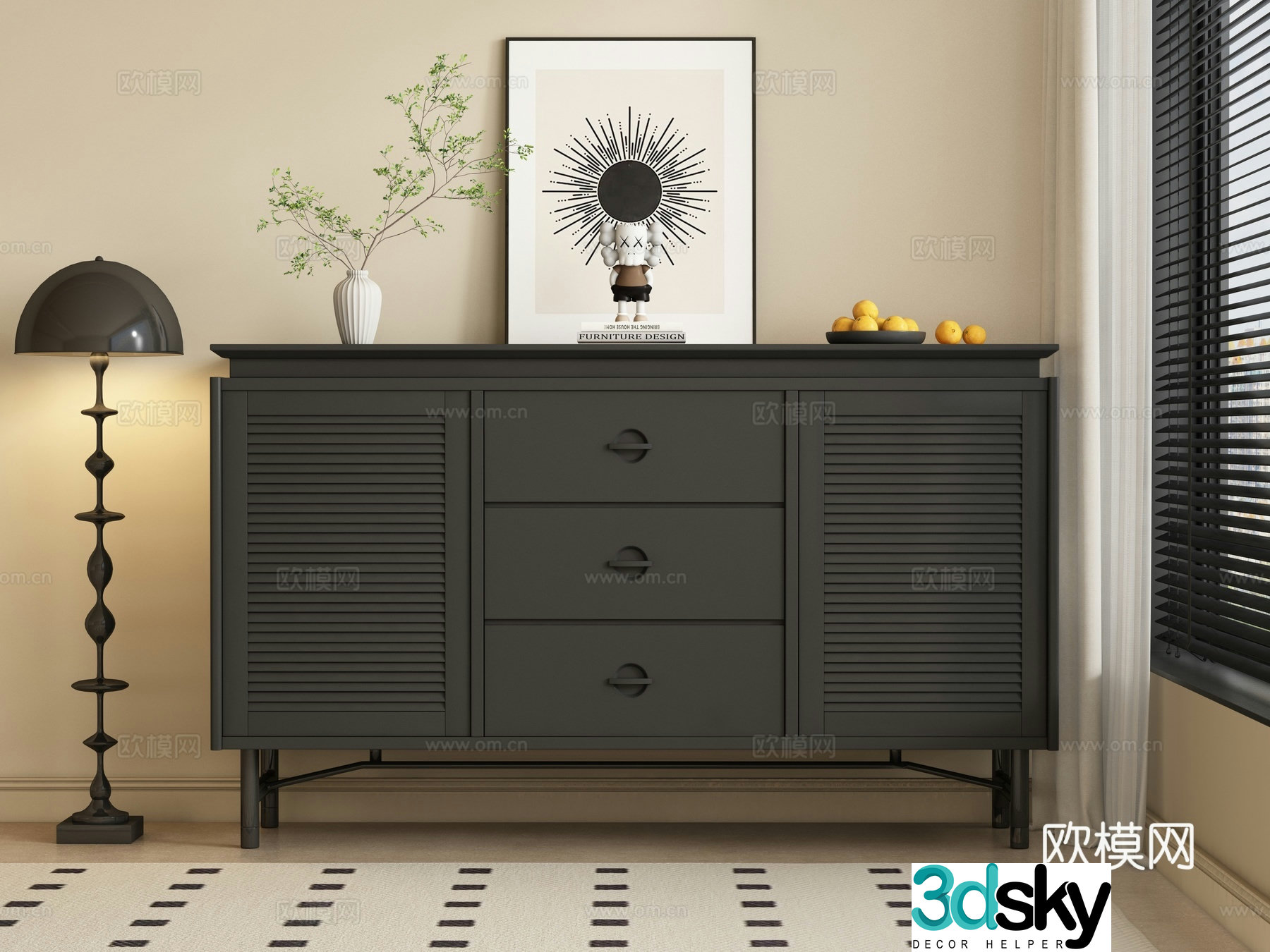 French entrance cabinet side cabinet black wooden cabinet 3D model