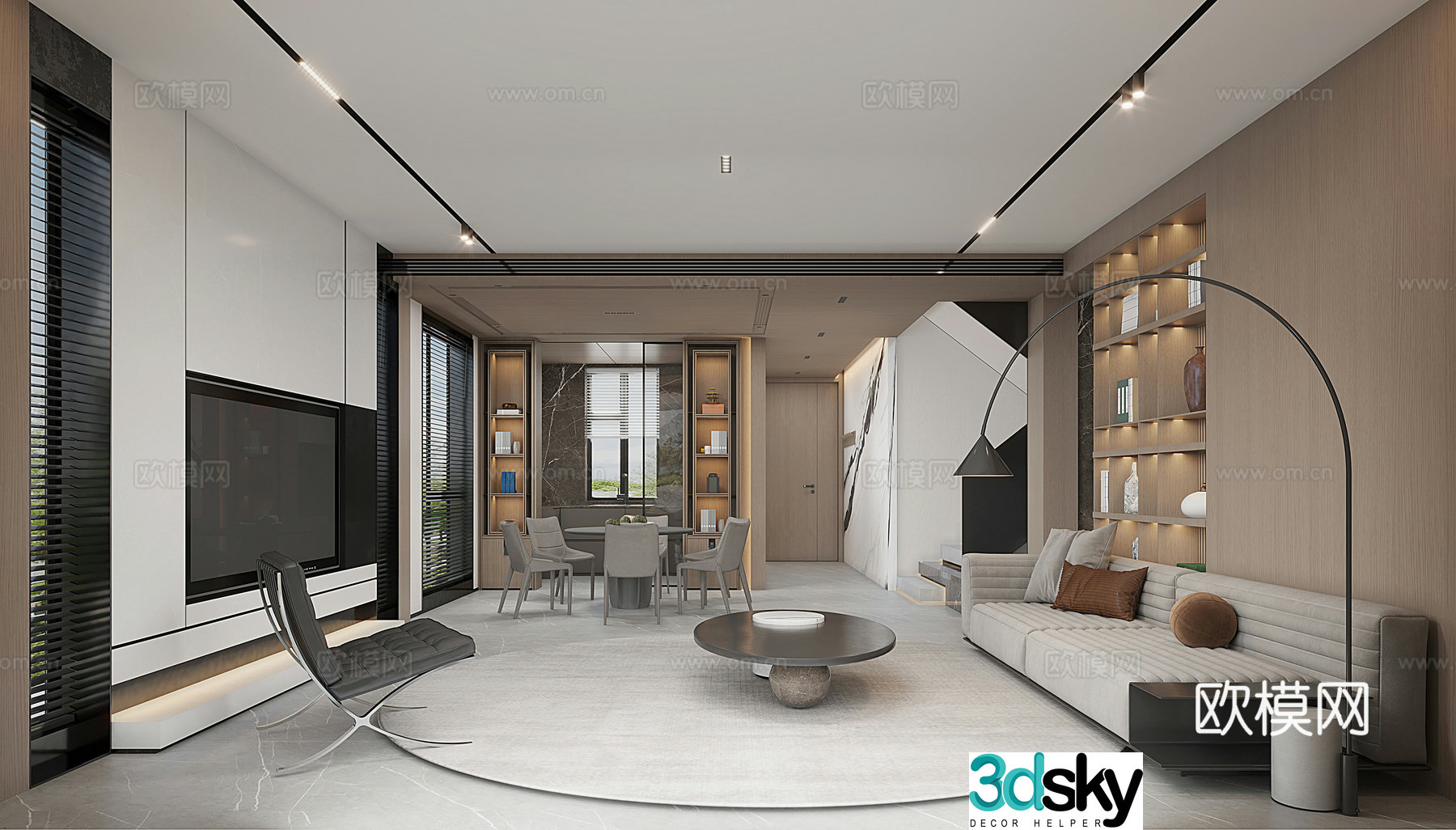Modern living and dining room 3d model