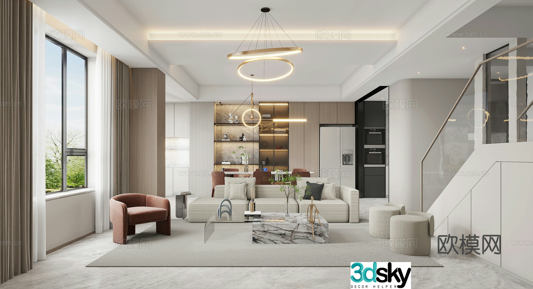 Modern living and dining room 3d model