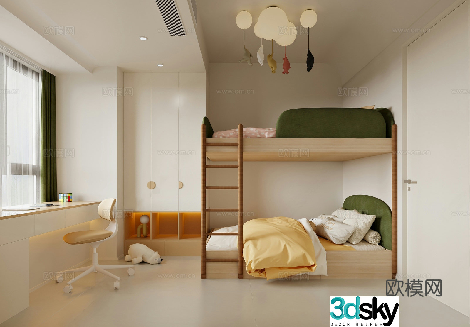 Modern universal children’s room up and down bed dopamine-wind children’s room 3D model