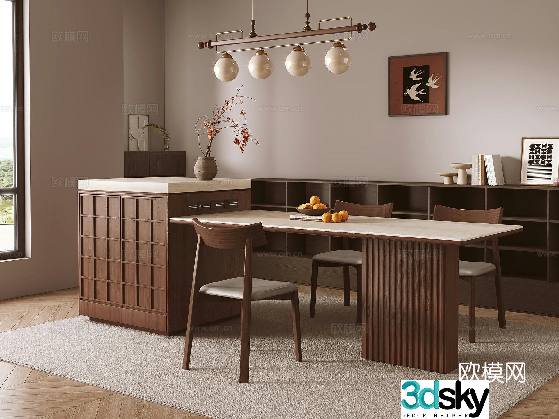 Medium style island dining table and chair 3D model