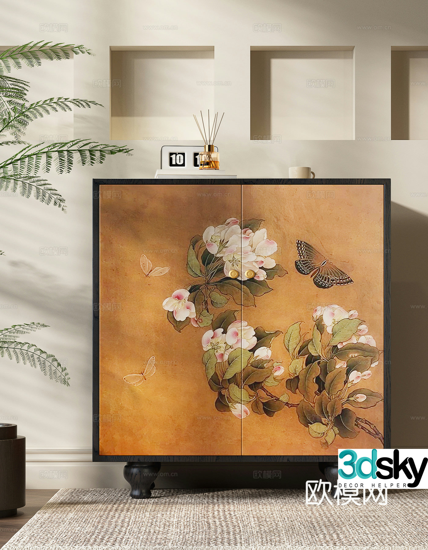 New Chinese style flower and bird painting side cabinet decorative cabinet 3D model