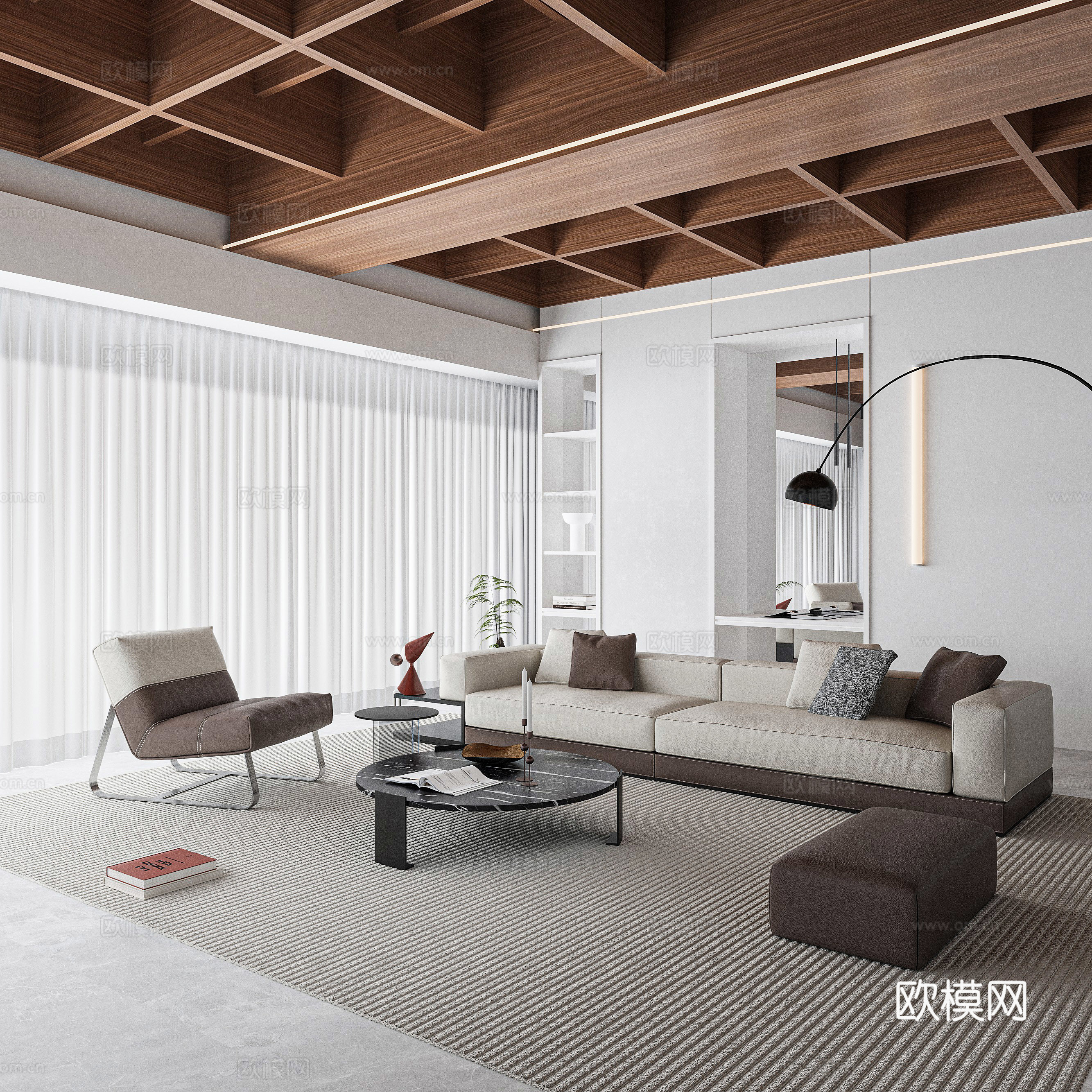 Modern living room wooden suspended ceiling living room 3d model