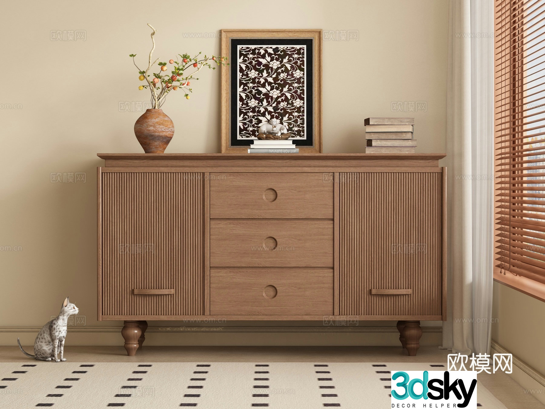 Middle-aged style porch cabinet side cabinet walnut cabinet 3D model