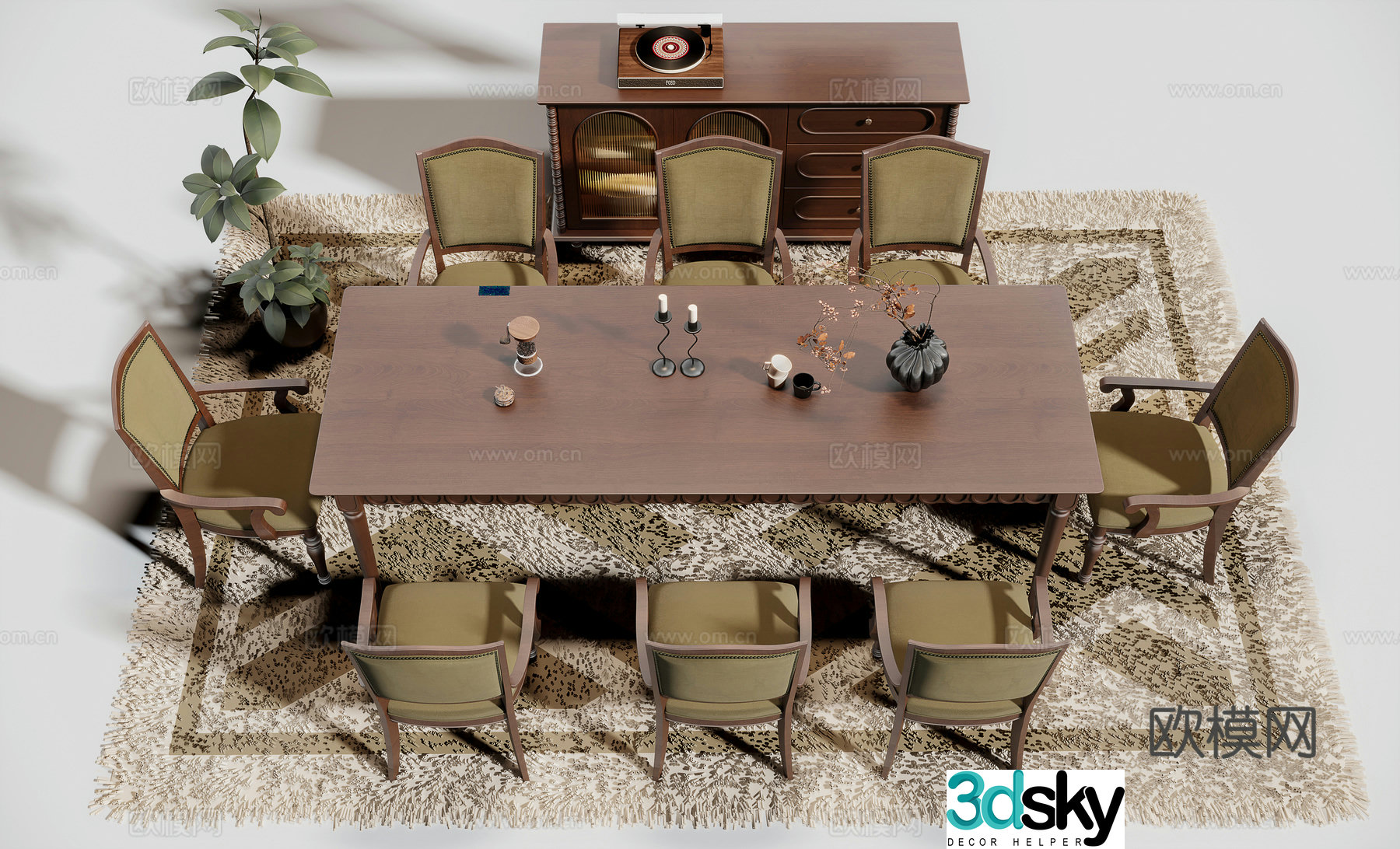 American solid wood dining table and chair 3D model