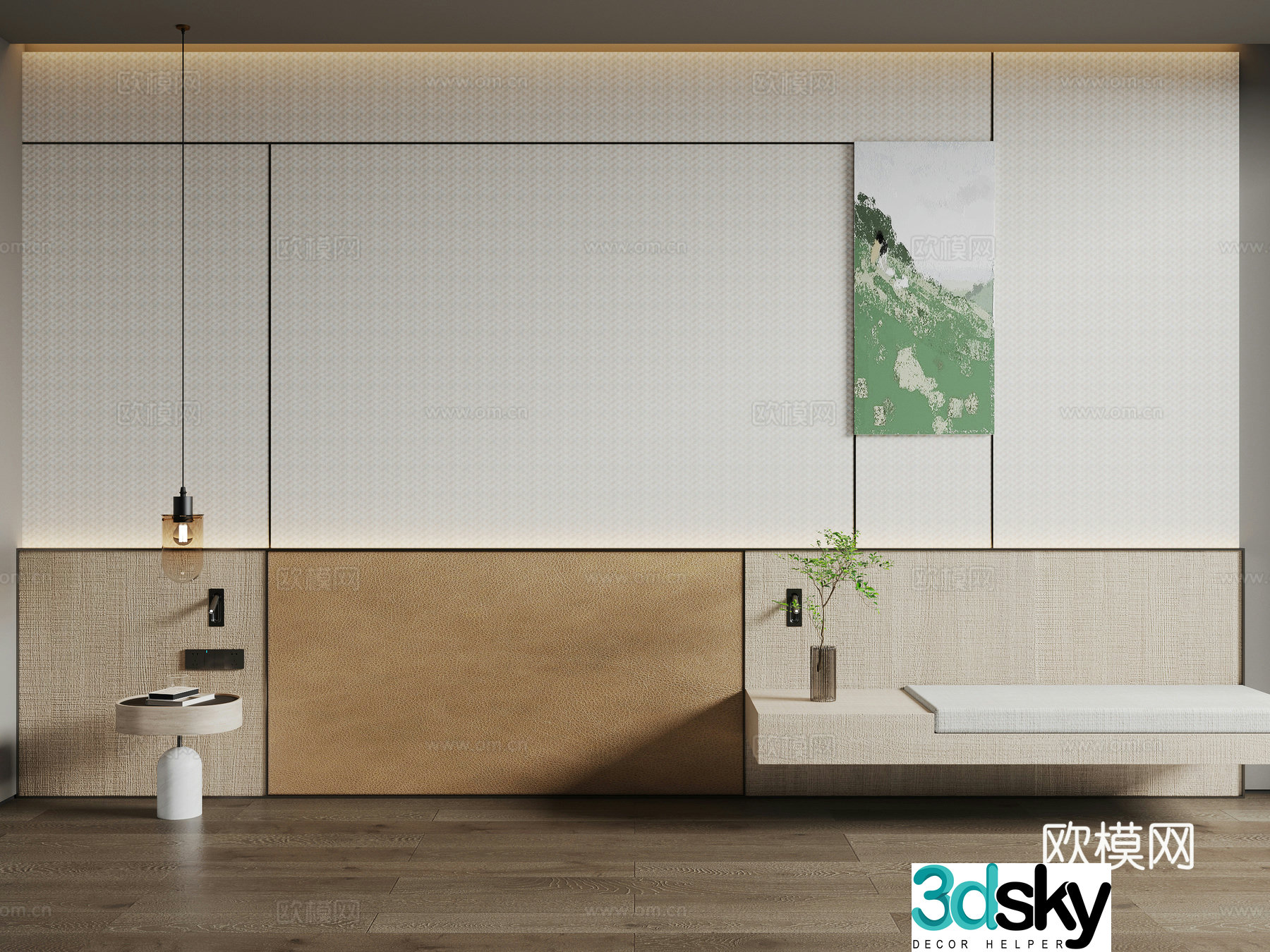 Modern hotel room background wall bedside background wall 3d model