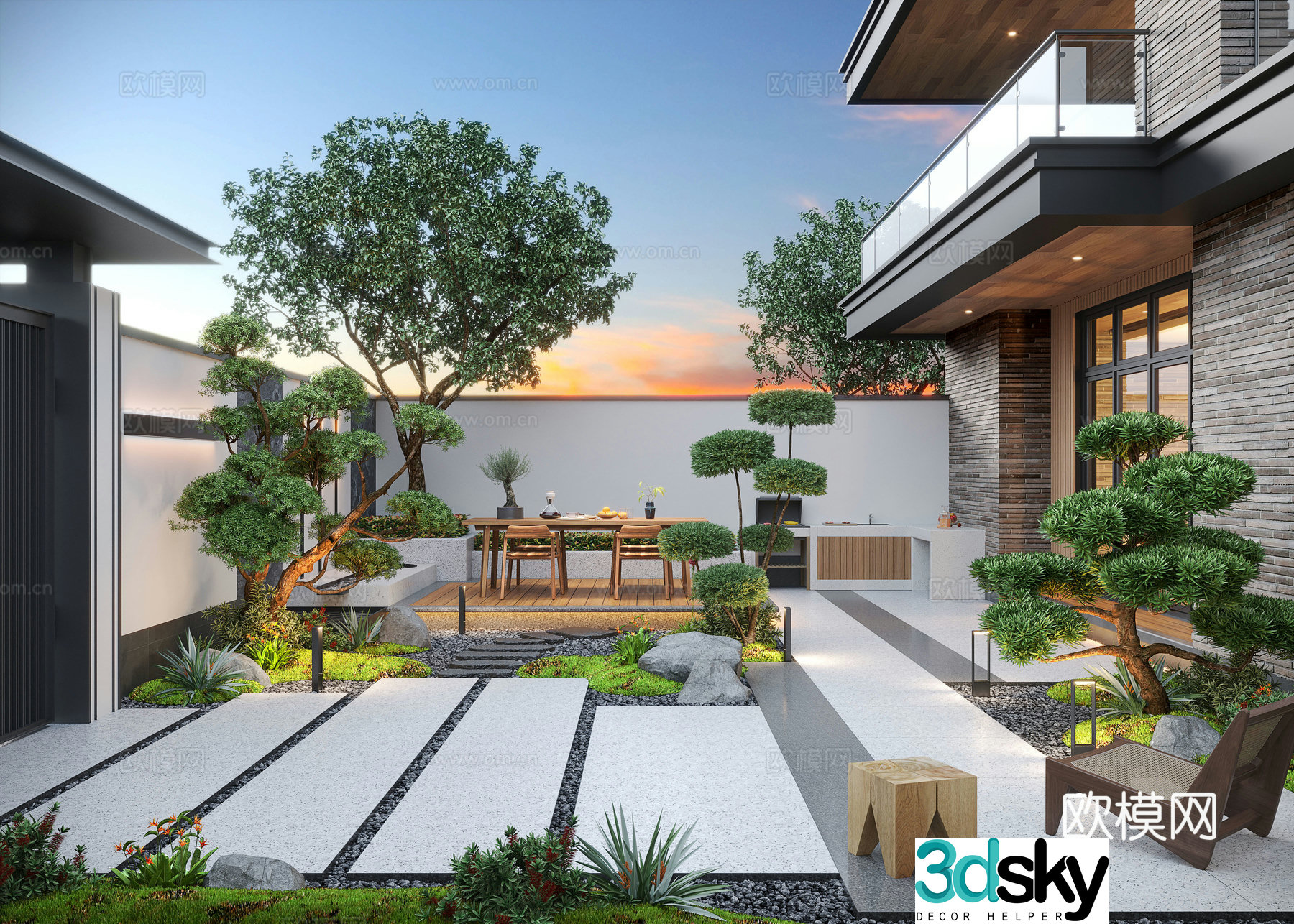 Modern courtyard landscape garden water view house 3D model
