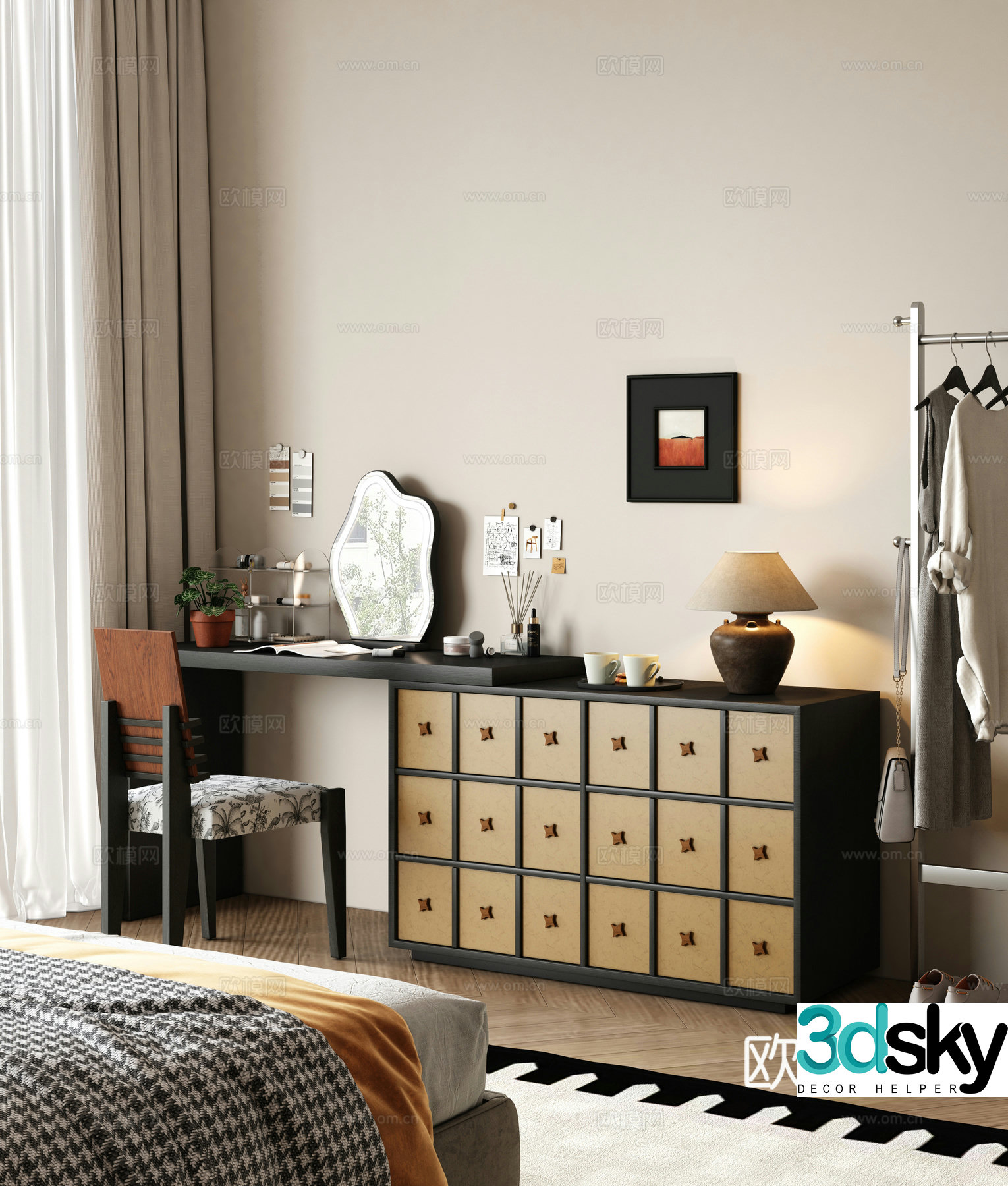 Middle style dressing table chest of drawers one-piece makeup stool 3D model
