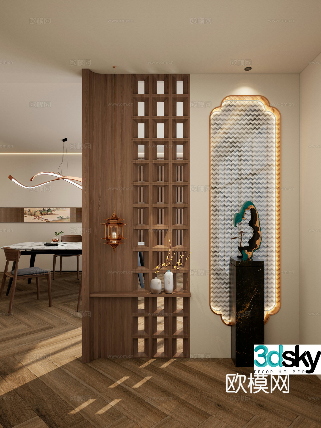 New Chinese-style solid wood shape partition diamond-shaped glass partition 3D model