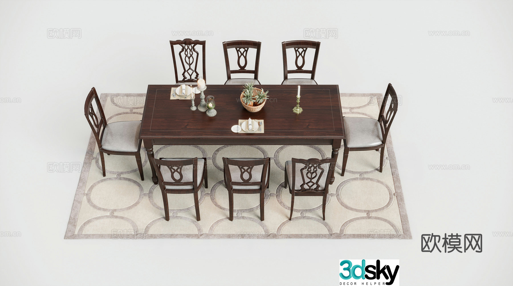 American solid wood dining table and chair 3D model