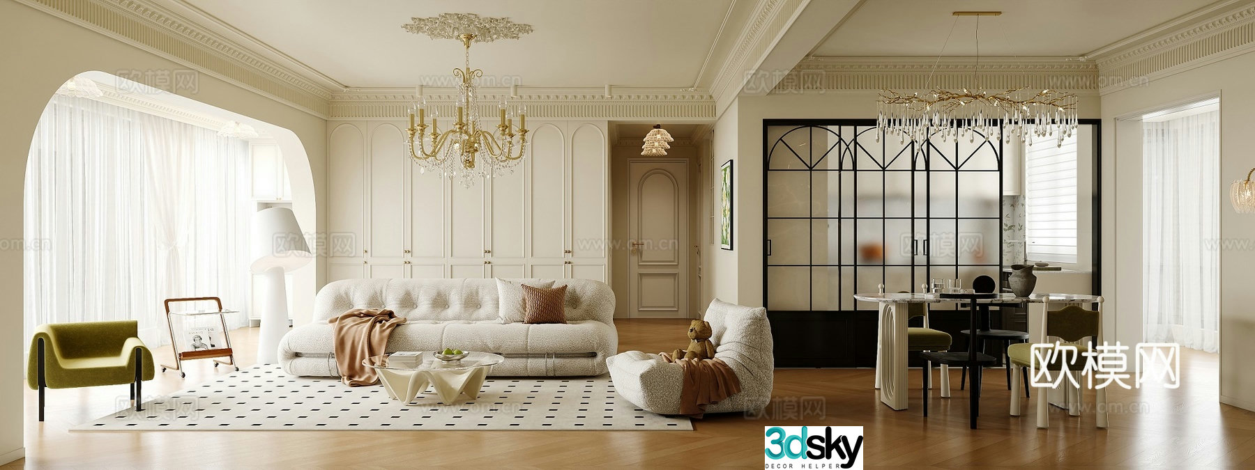 French living and dining room 3d model