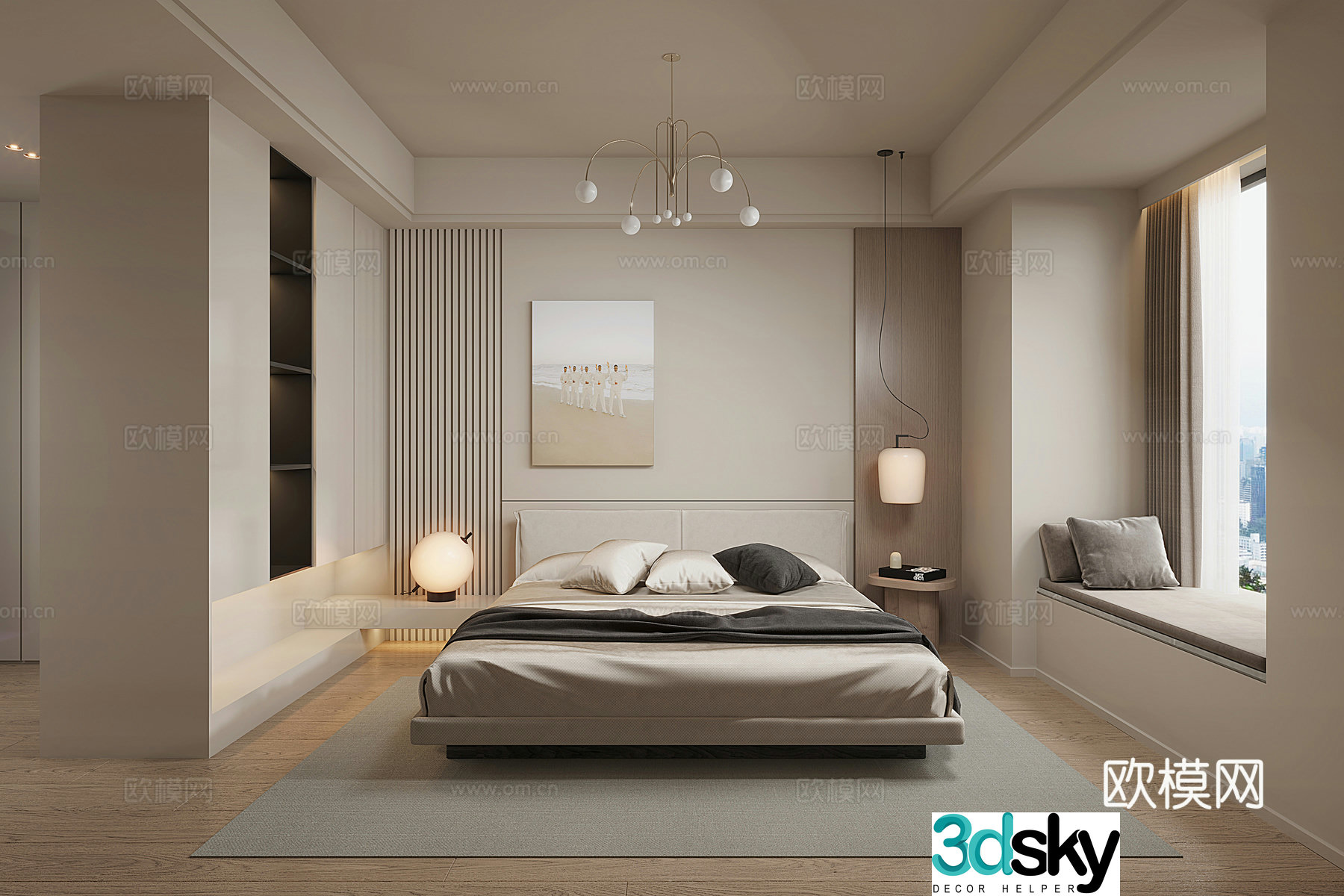 Creamy Bedroom Master Bedroom with Bathroom 3D Model