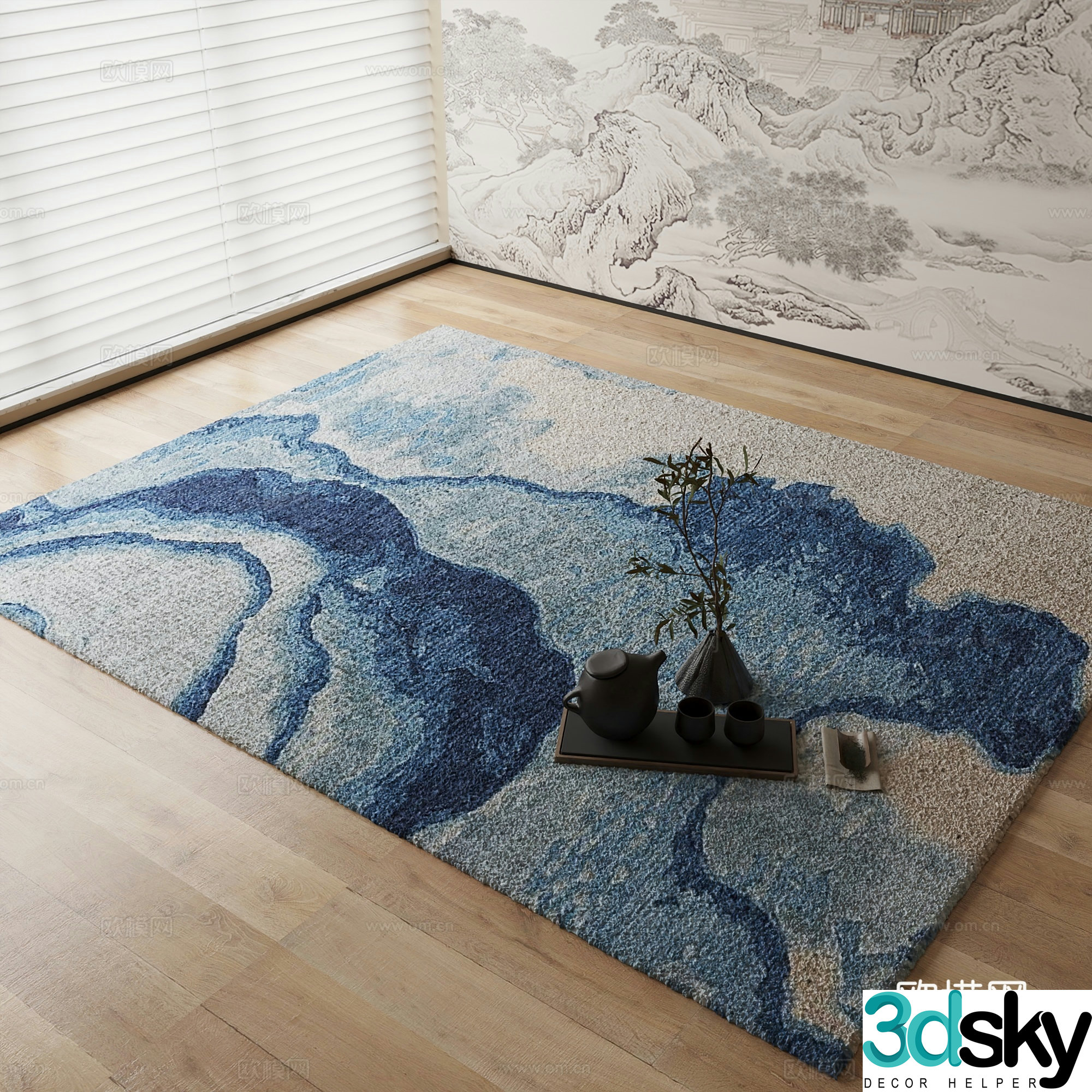 New Chinese style carpet Blue artistic carpet 3d model