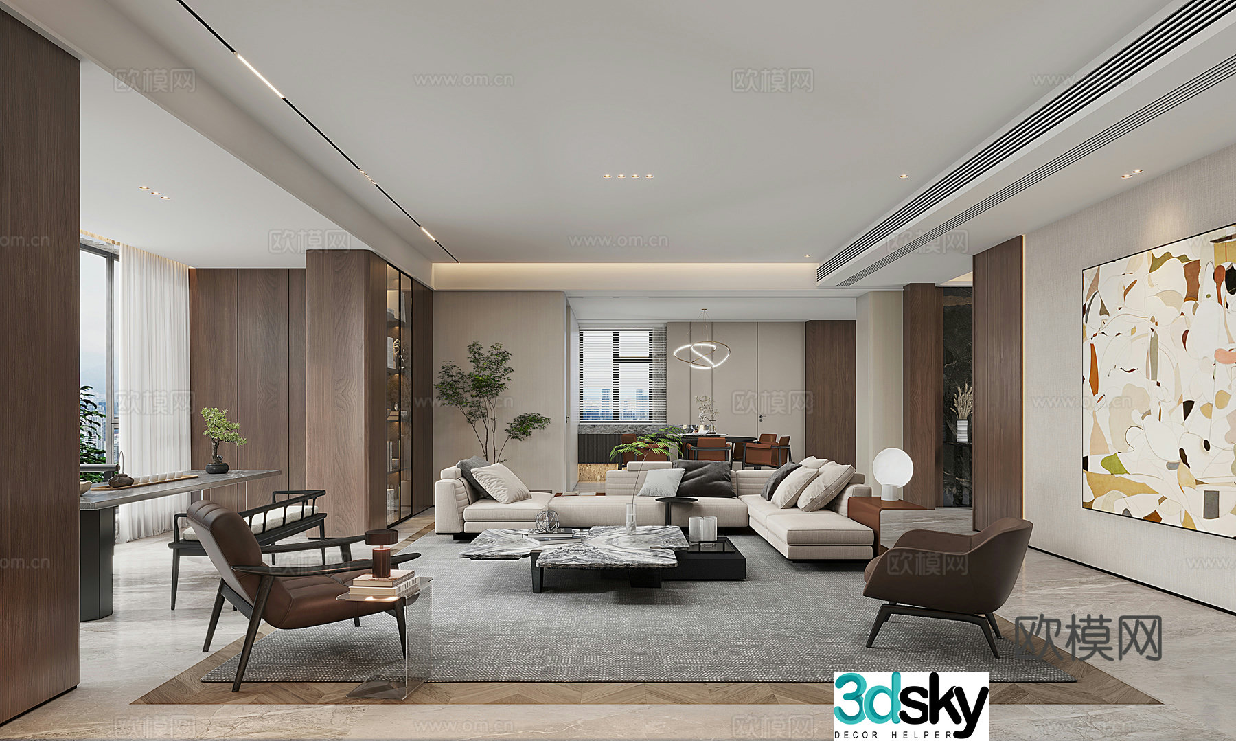 Modern living and dining room with large flat floor 3D model