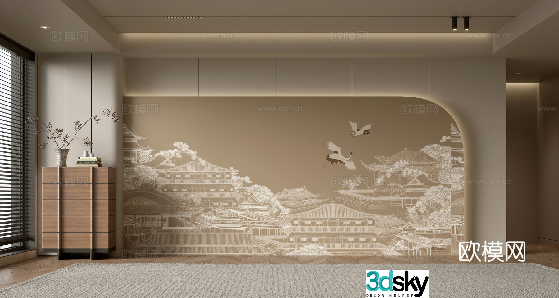Middle-aged sofa background wall ancient building painting background 3d model