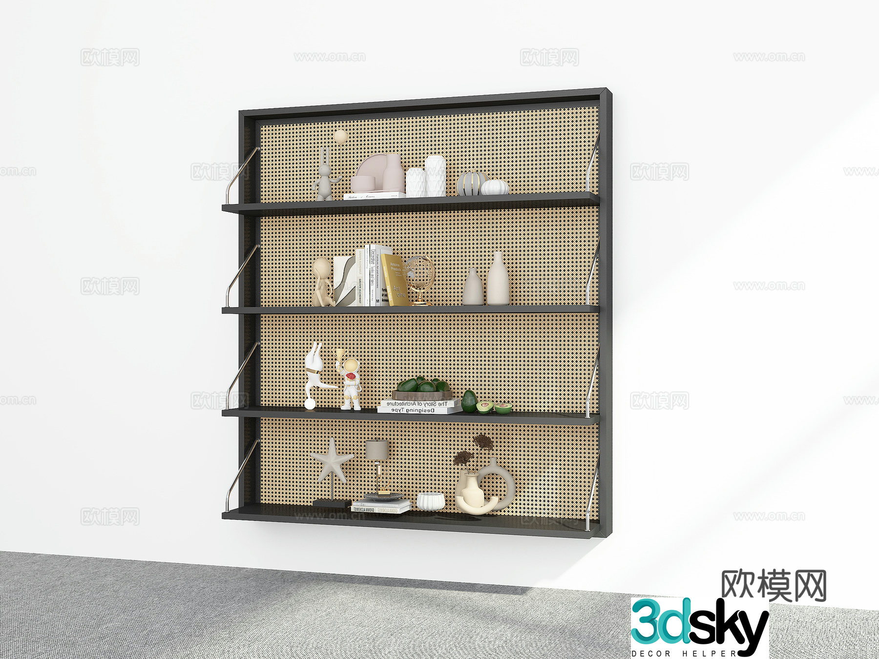 Modern rattan bookshelf hanging cabinet 3d model