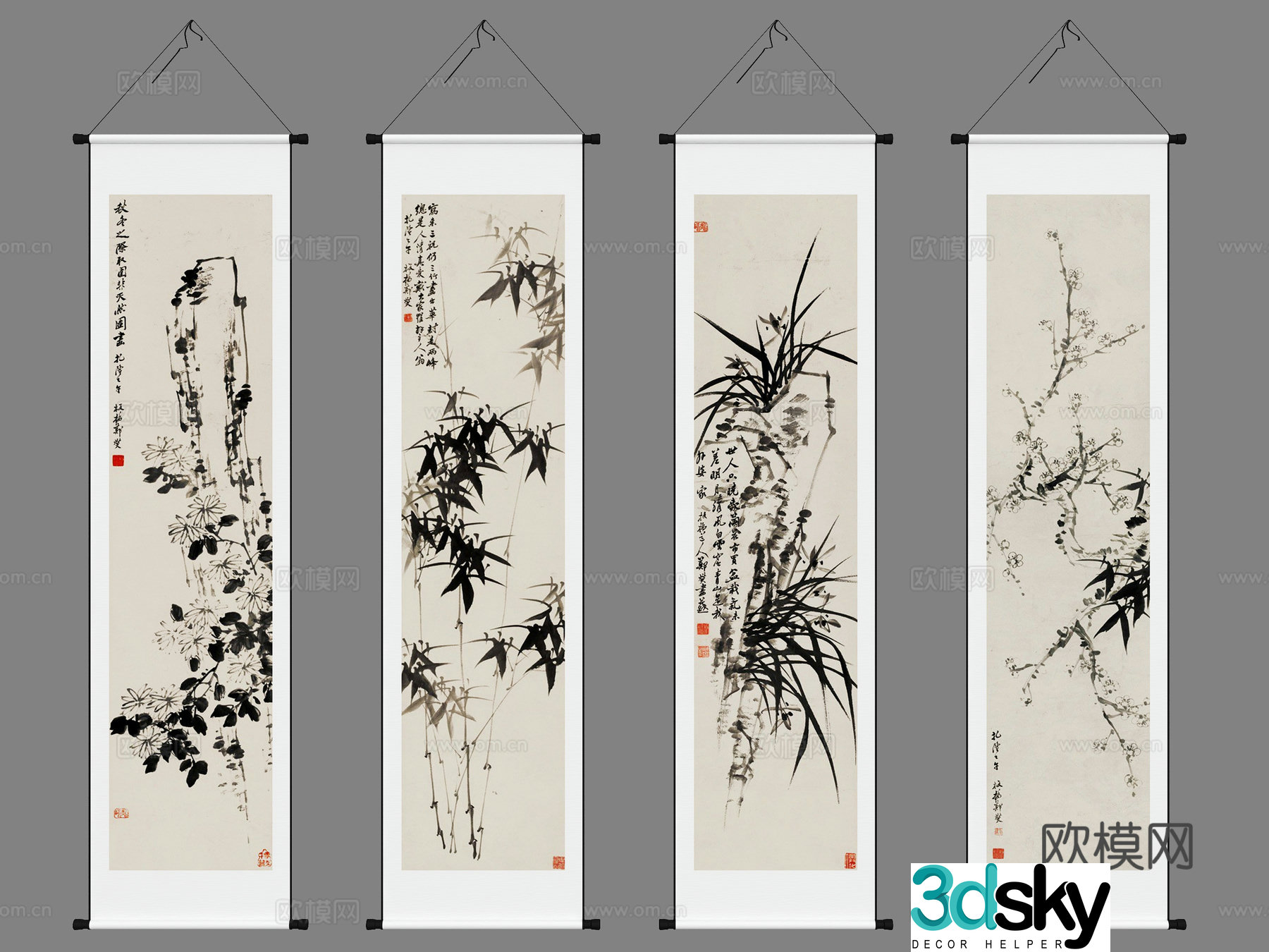 New Chinese style scroll calligraphy painting calligraphy and painting brush calligraphy and ink painting 3D model