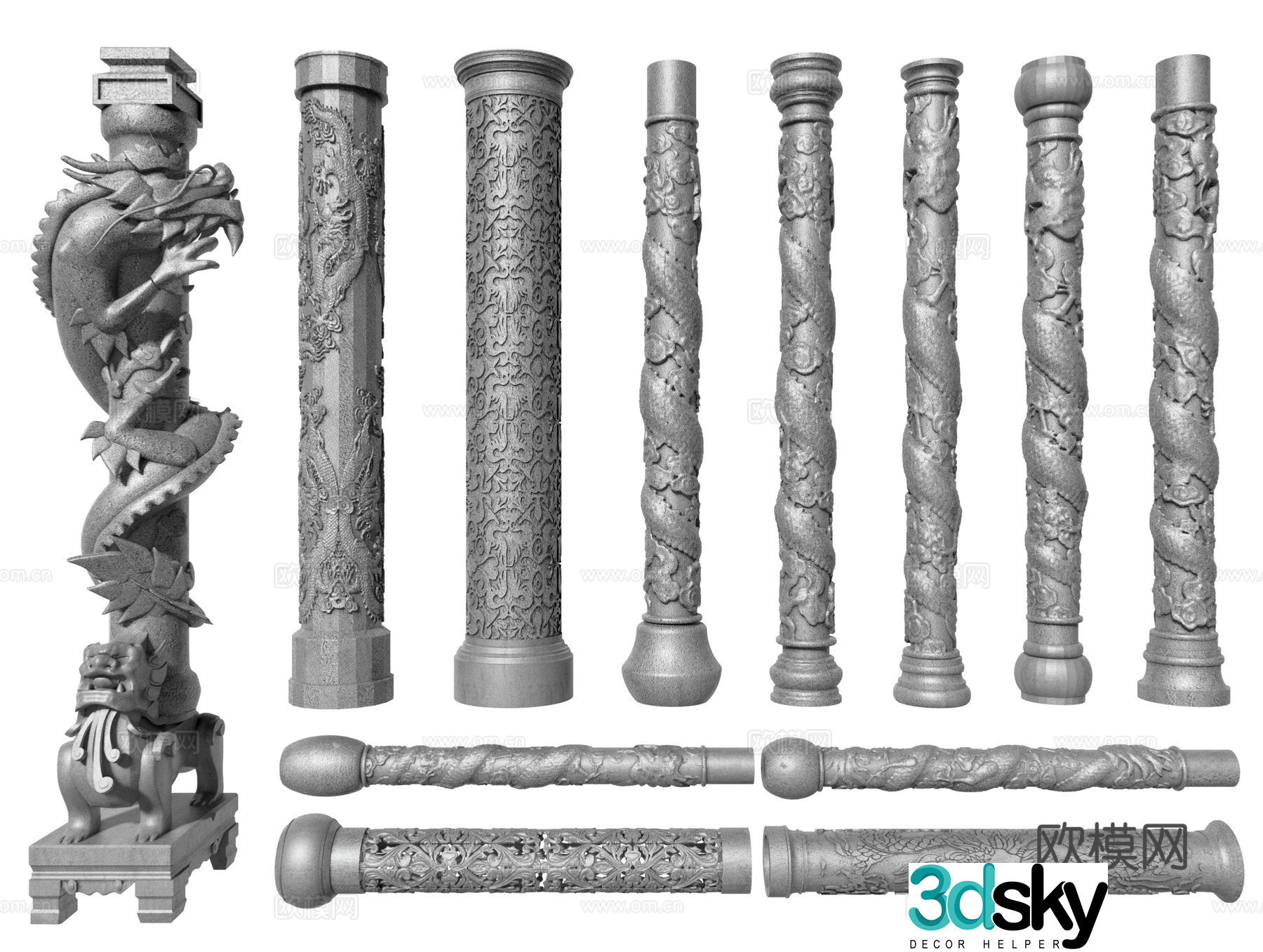 Chinese stone carving pillars dragon columns totem poles stone columns carved pillars 3D model