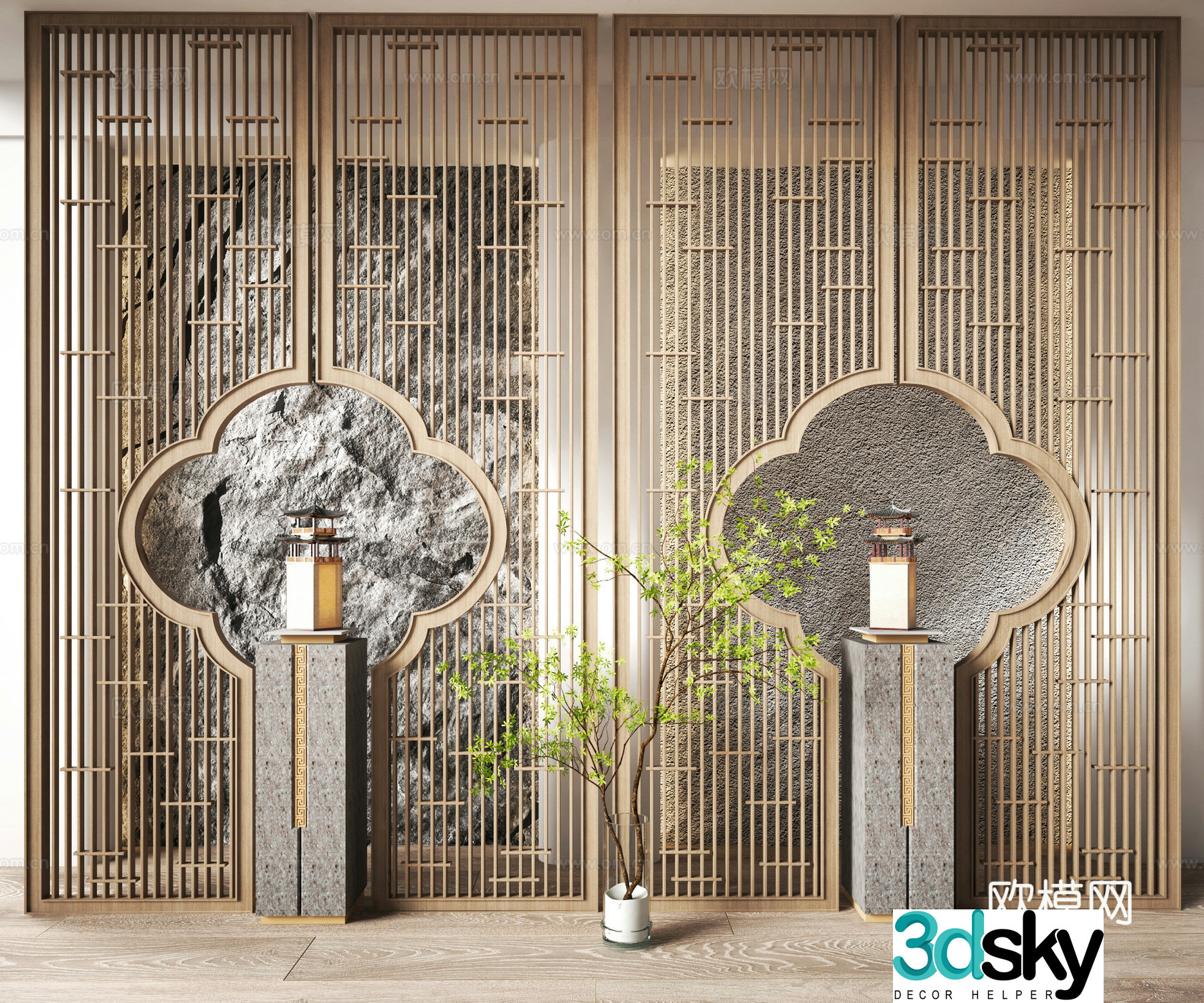 New Chinese style plum blossom partition wooden grille 3D model