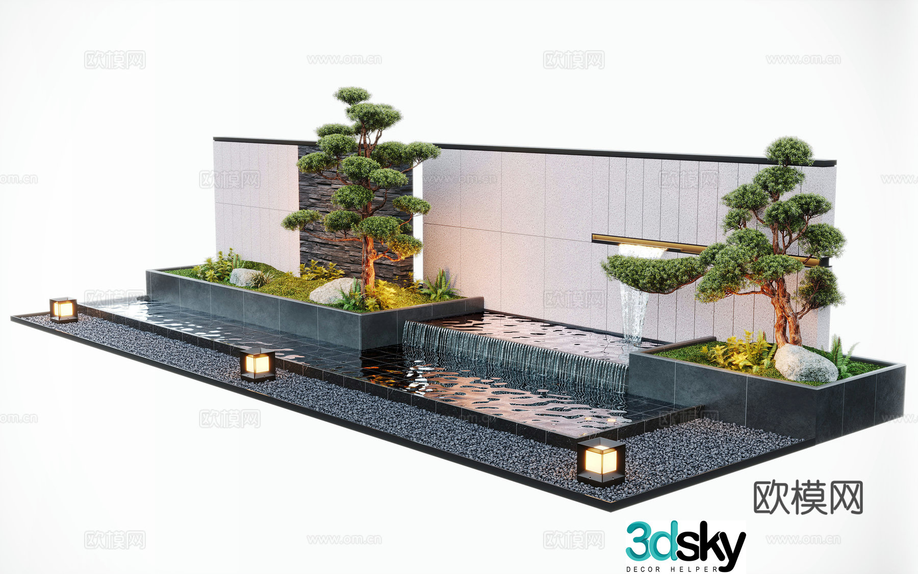 Modern courtyard water feature wall stacked water pool pine tree fountain 3D model