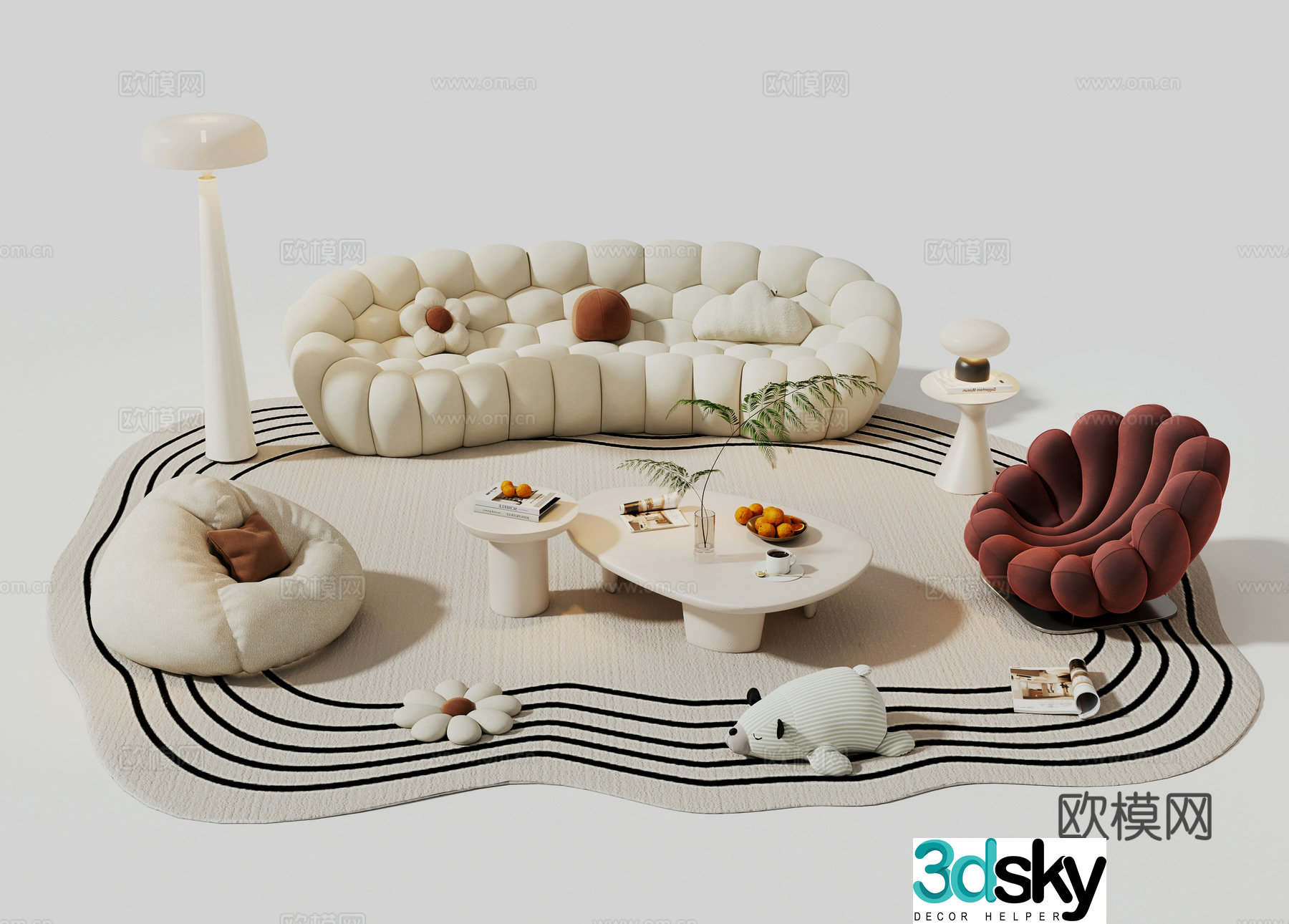 Cream style sofa combination sofa curved sofa internet celebrity sofa lazy sofa 3d model