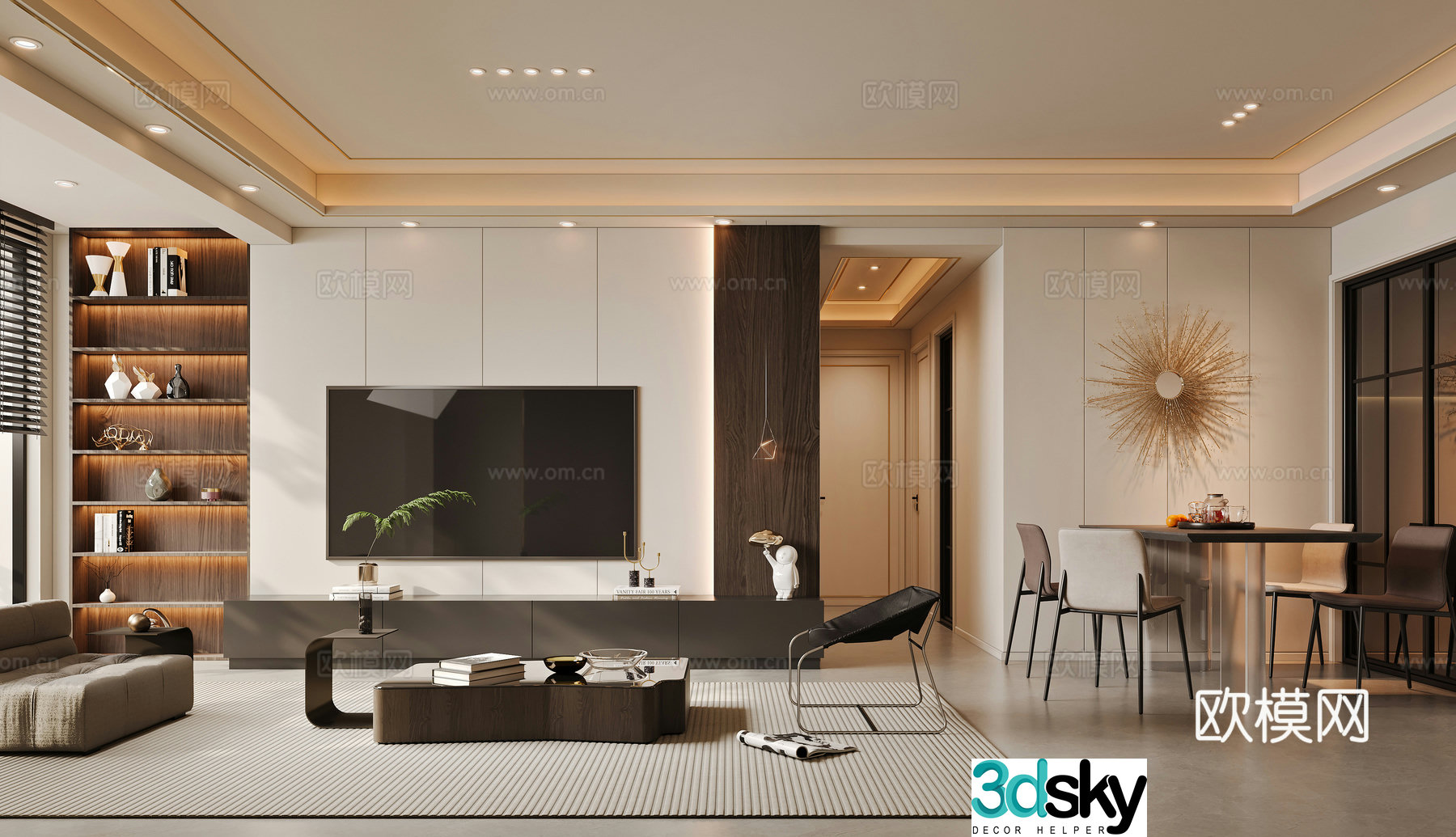 Modern living and dining room 3d model