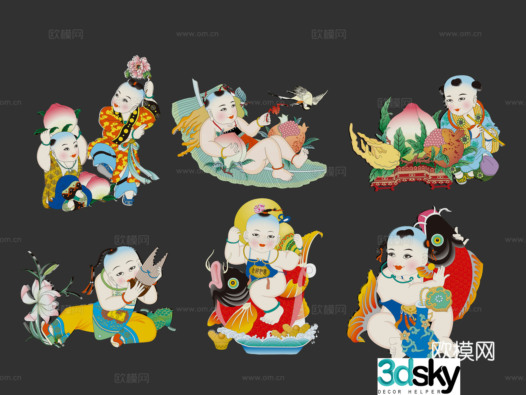 New Year painting auspicious and wealthy children boys tradition hand-painted wall decoration decoration elements symbols 3d model