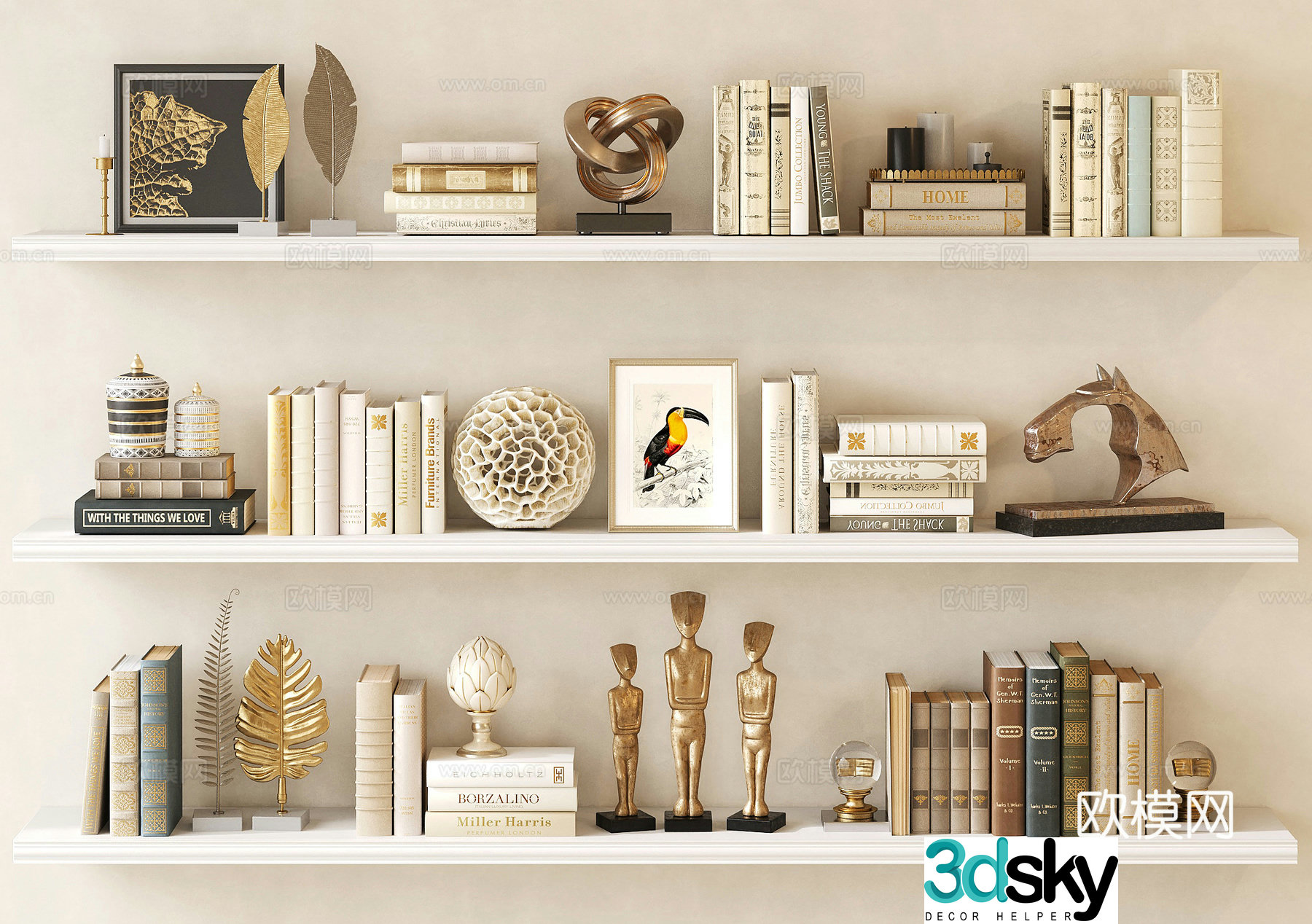 French retro ornaments books old objects golden ornaments sculpture 3d model
