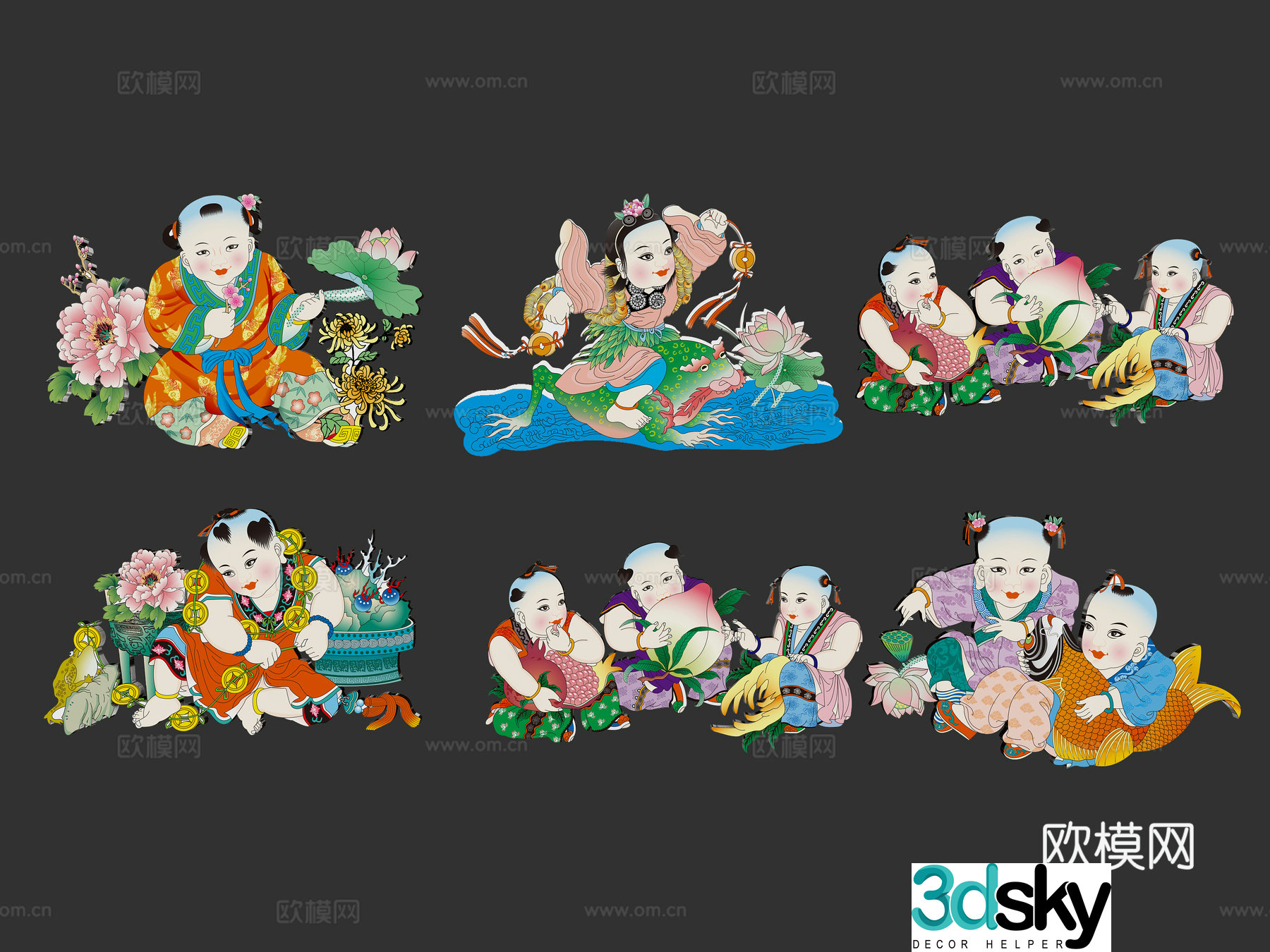 New Year painting auspicious and wealthy children boys tradition hand-painted wall decoration decoration elements symbols 3d model