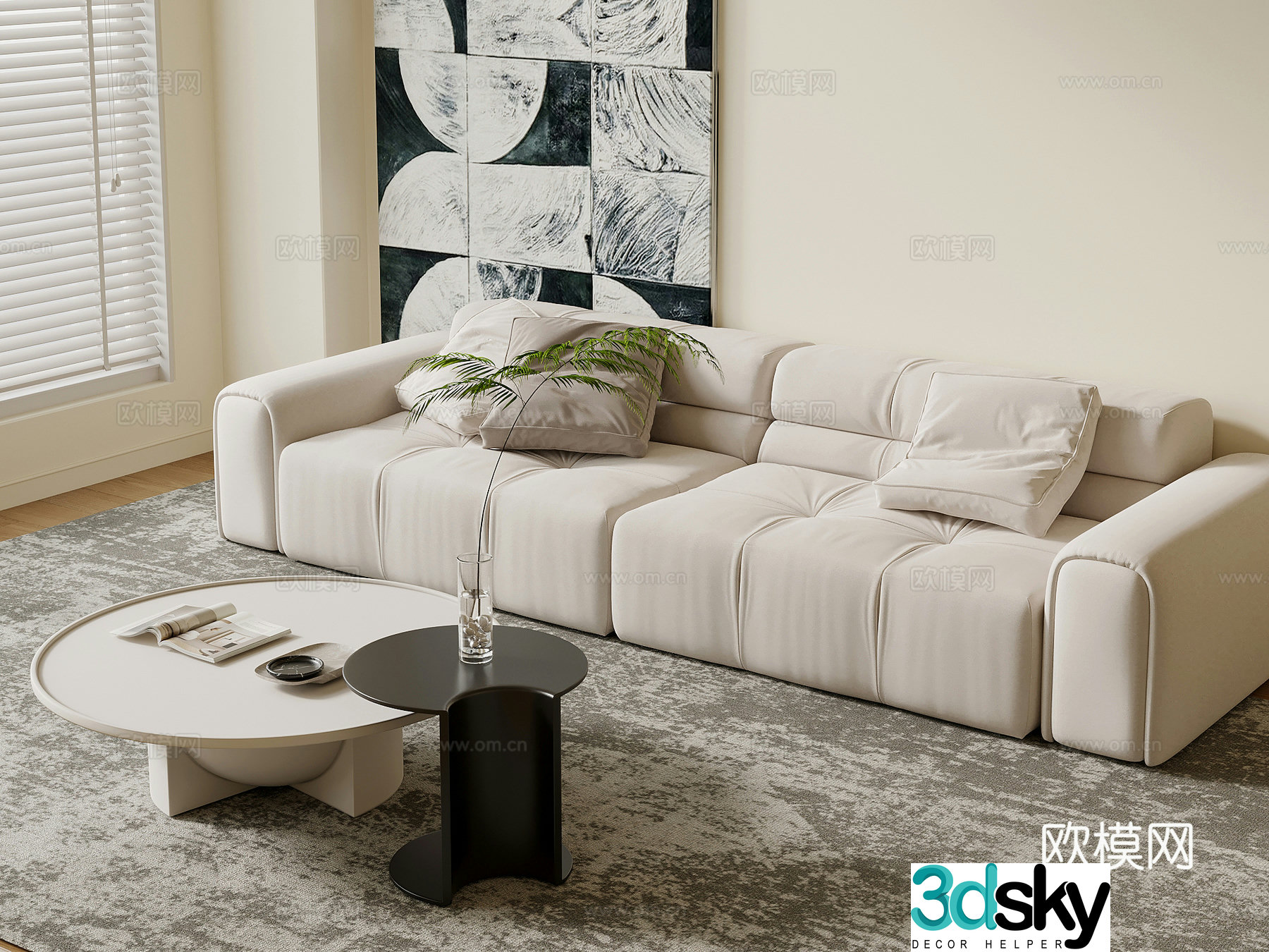Modern cream style multi-person sofa direct sofa coffee table 3D model