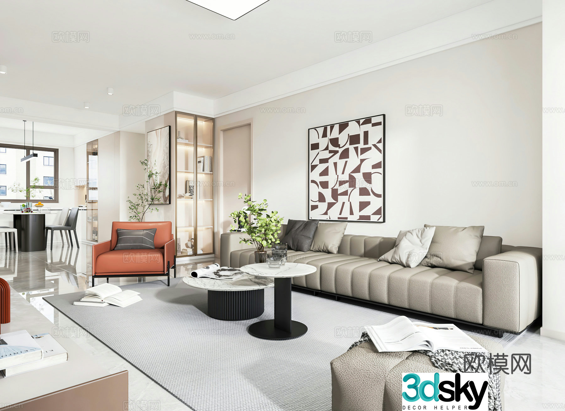 Modern living and dining room open kitchen entrance dry area 3D model