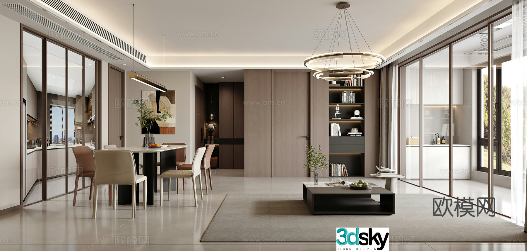 Modern living and dining room 3d model