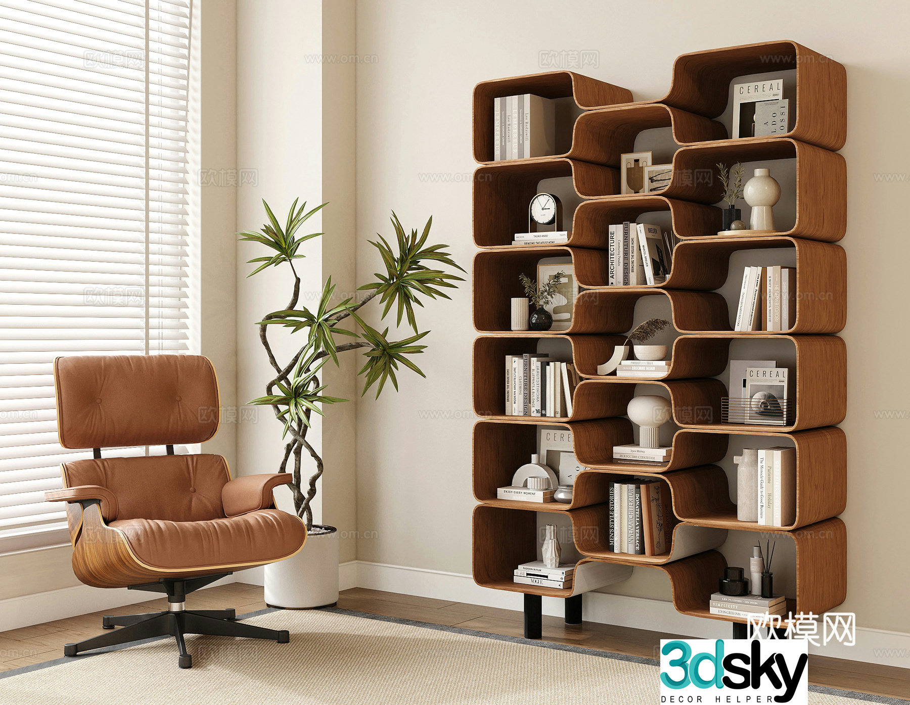 Modern leisure chair leather sofa chair floor-standing bookshelf potted plant 3D model