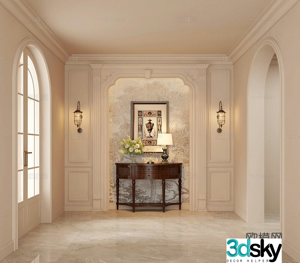 French American style entrance hall door door door door wall porch cabinet wall light 3D model