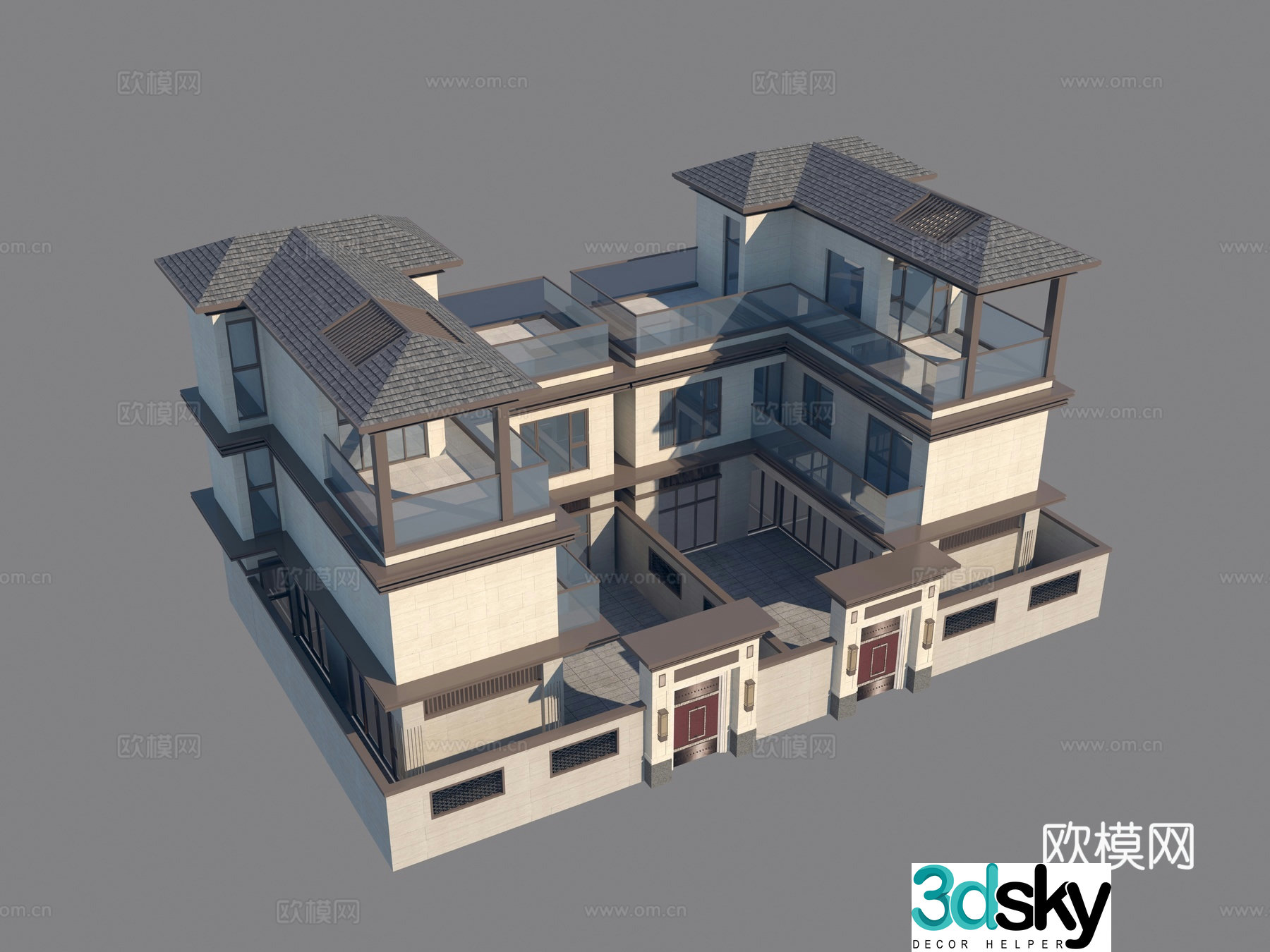 New Chinese style townhouse appearance 3D model of single villa