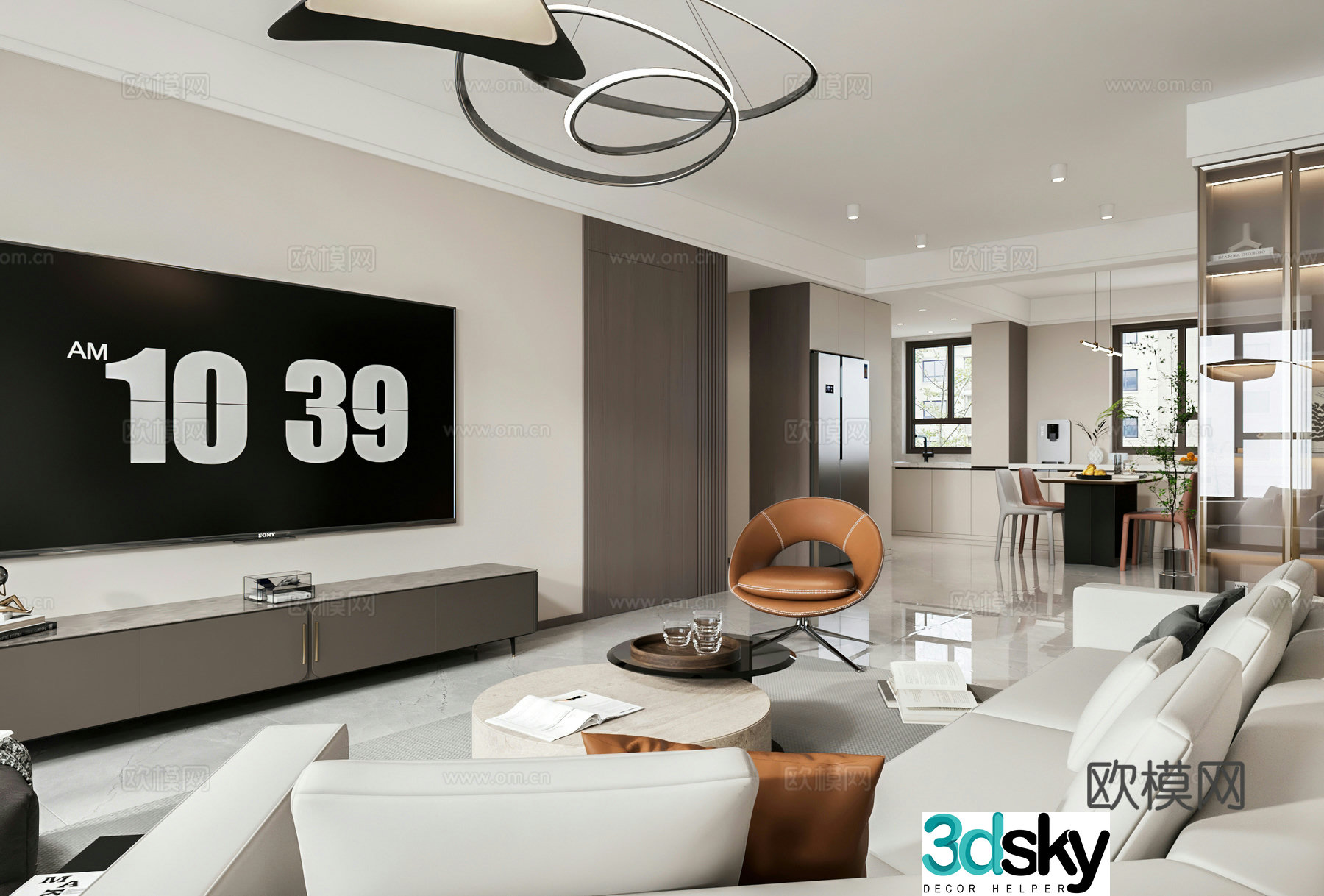 Modern living and dining room open kitchen 3d model