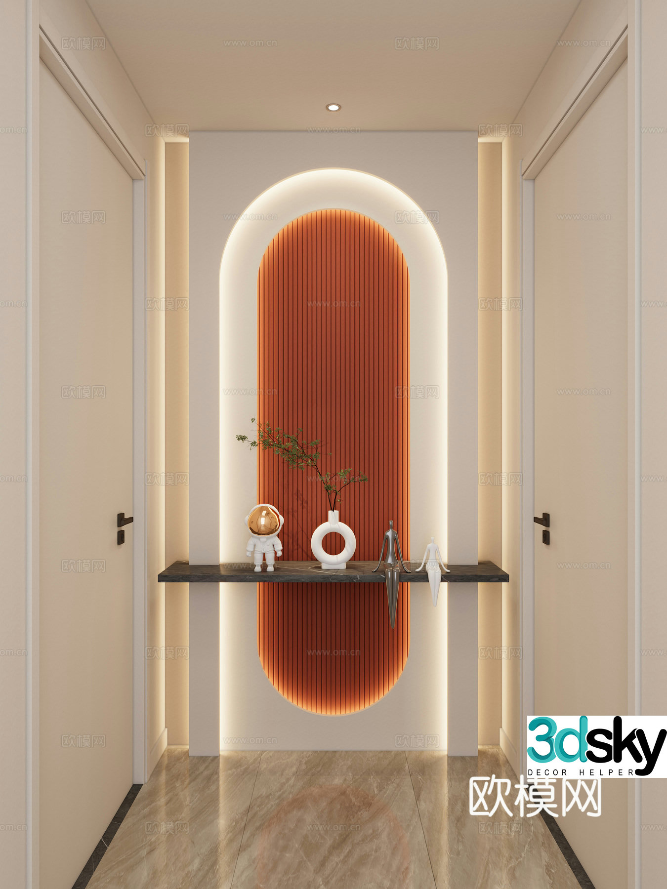 Cream Simple Style Arc Lighting Grille Corridor End View Entrance Entrance 3D Model