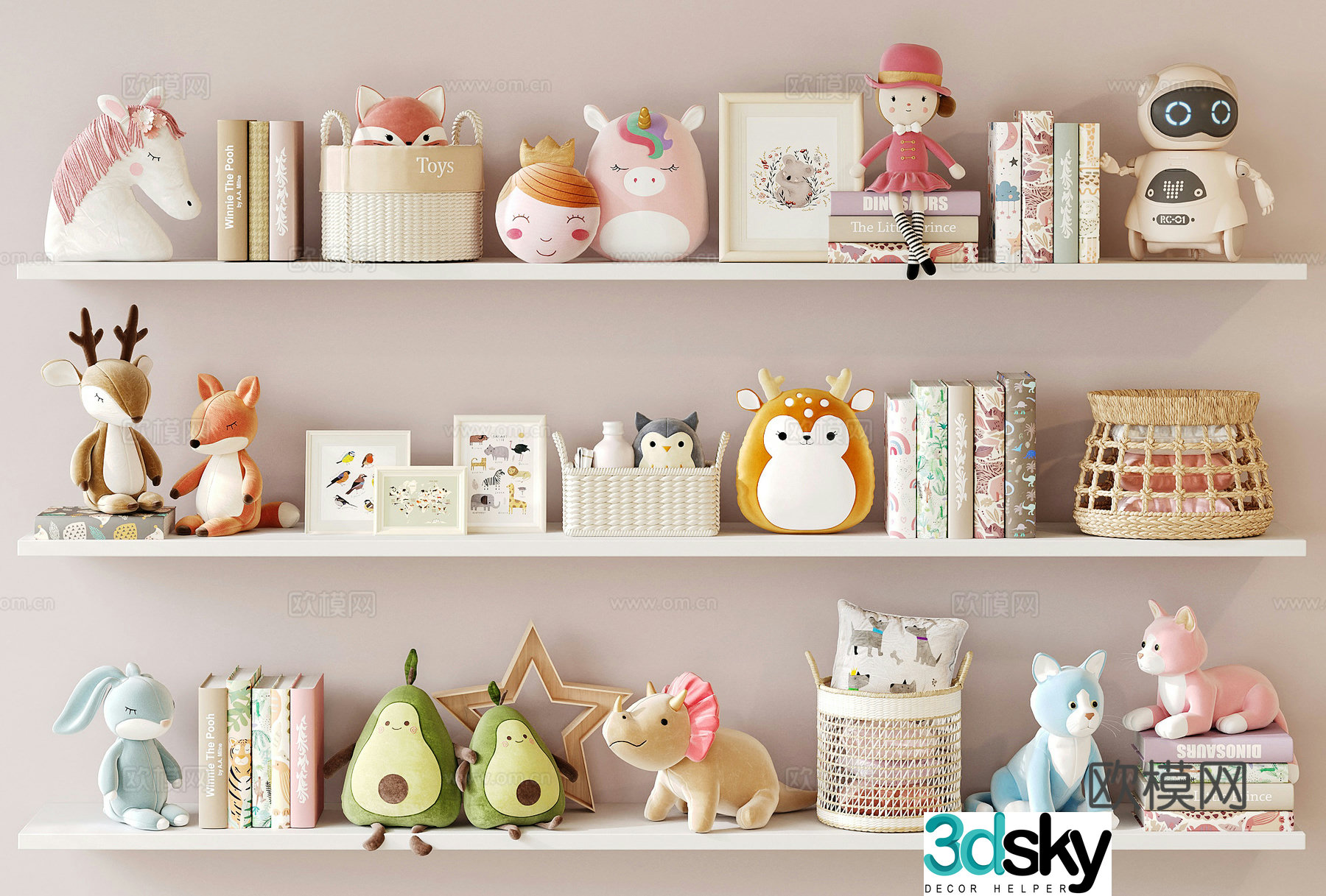 Modern children girl toy doll ornaments plush toys storage basket book book 3D model